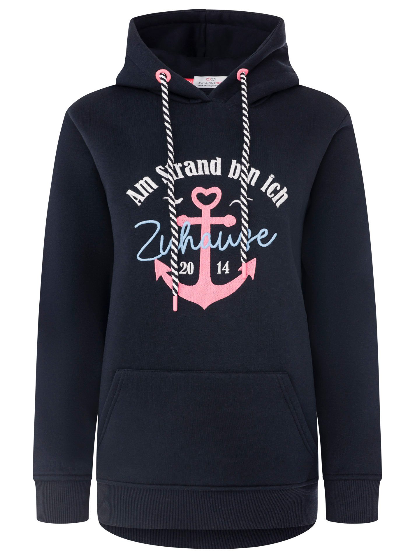 Zwillingsherz Hoodie "Beach Home" Motiv „Am Strand bin ich zu Hause“, Anker, Kapuze mit Kordel