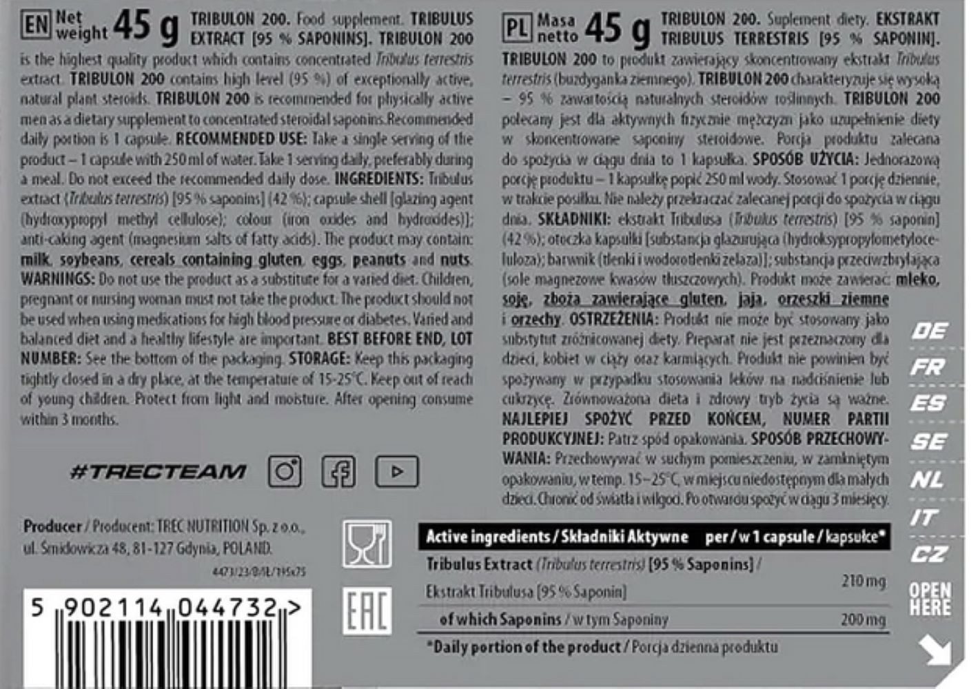 TREC Nutrition Trec Nutrition TRIBULON BLACK Tribulus 95% Saponine 120 Kapseln Kapseln, 100,8 g