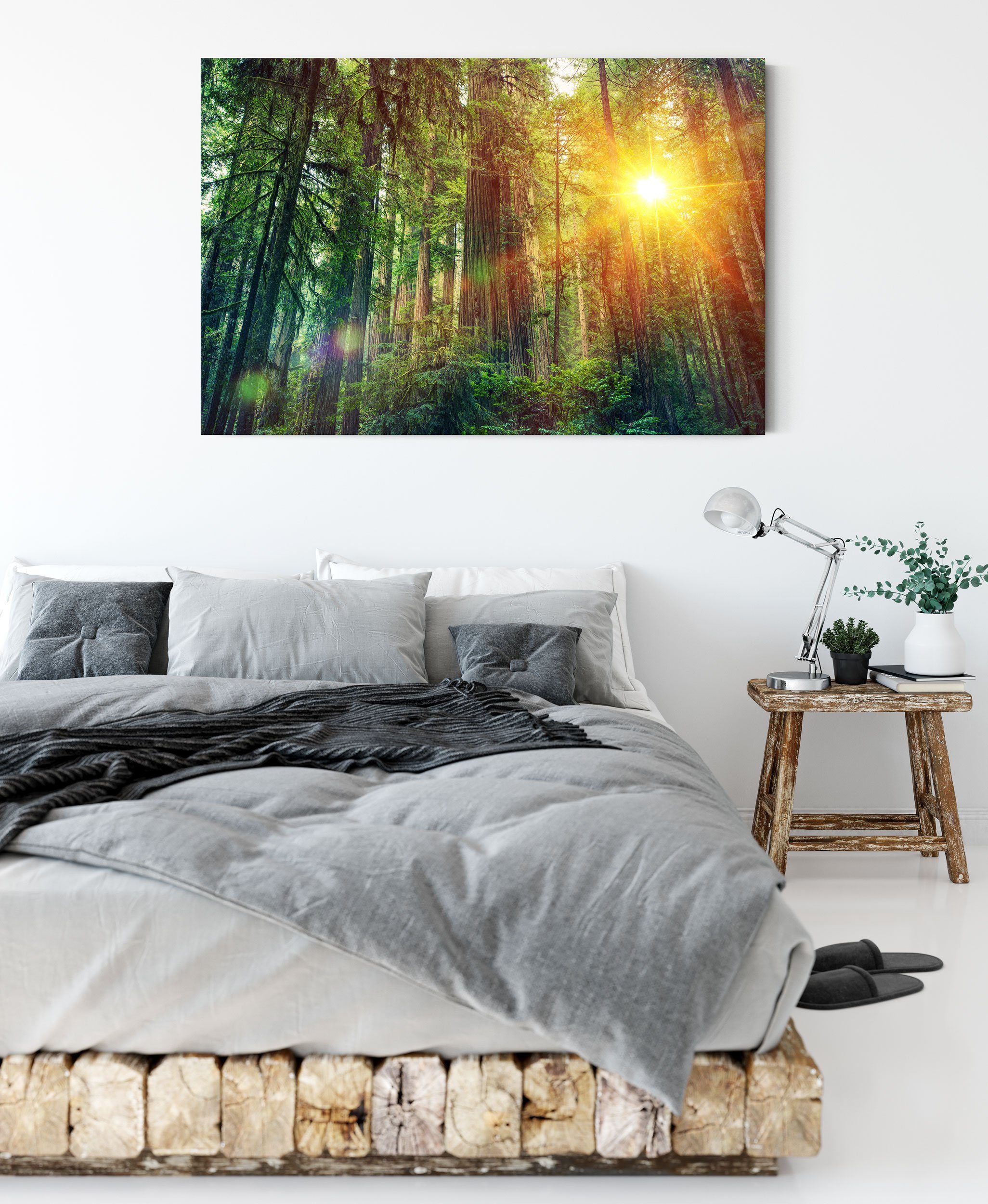 (1 fertig St), Wald Sonnenlicht Pixxprint Leinwandbild bei Zackenaufhänger Wald inkl. bespannt, Sonnenlicht, Leinwandbild bei