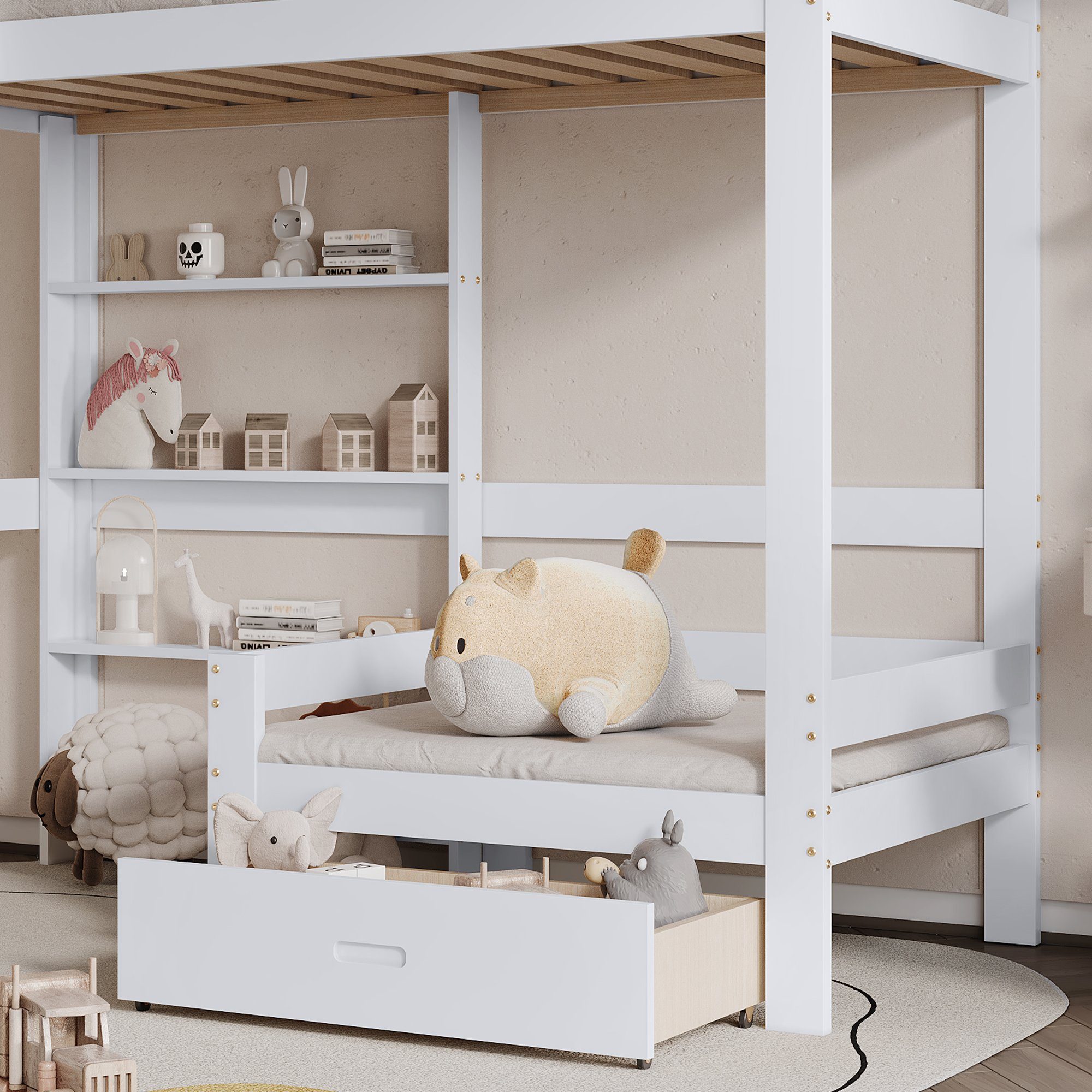 Hochbett Etagenbett mit Regalen, Sofa, Leiter und Schublade, Kiefer, 90x200 cm