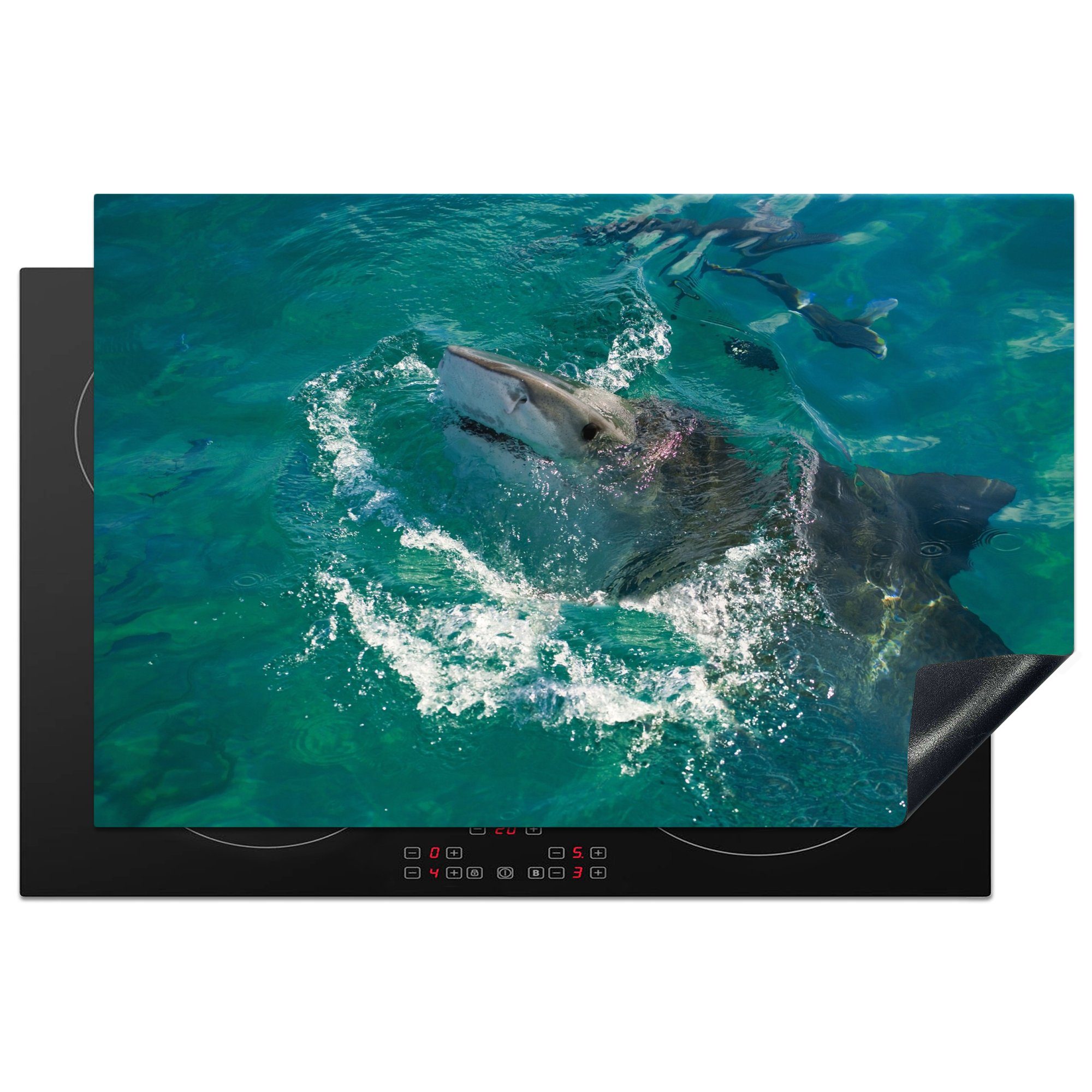 MuchoWow Herdblende-/Abdeckplatte Ein Tigerhai taucht auf, Vinyl, (1 tlg), 81x52 cm, Induktionskochfeld Schutz für die küche, Ceranfeldabdeckung