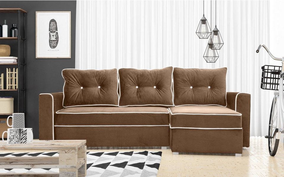 Furnix Schlafsofa ELARE Ecksofa Polstercouch mit Schlaffunktion, 2x  Bettkasten, B230 x H90 x T145 cm, Sitzhöhe 45 cm, Liegefläche: 200 x 130 cm