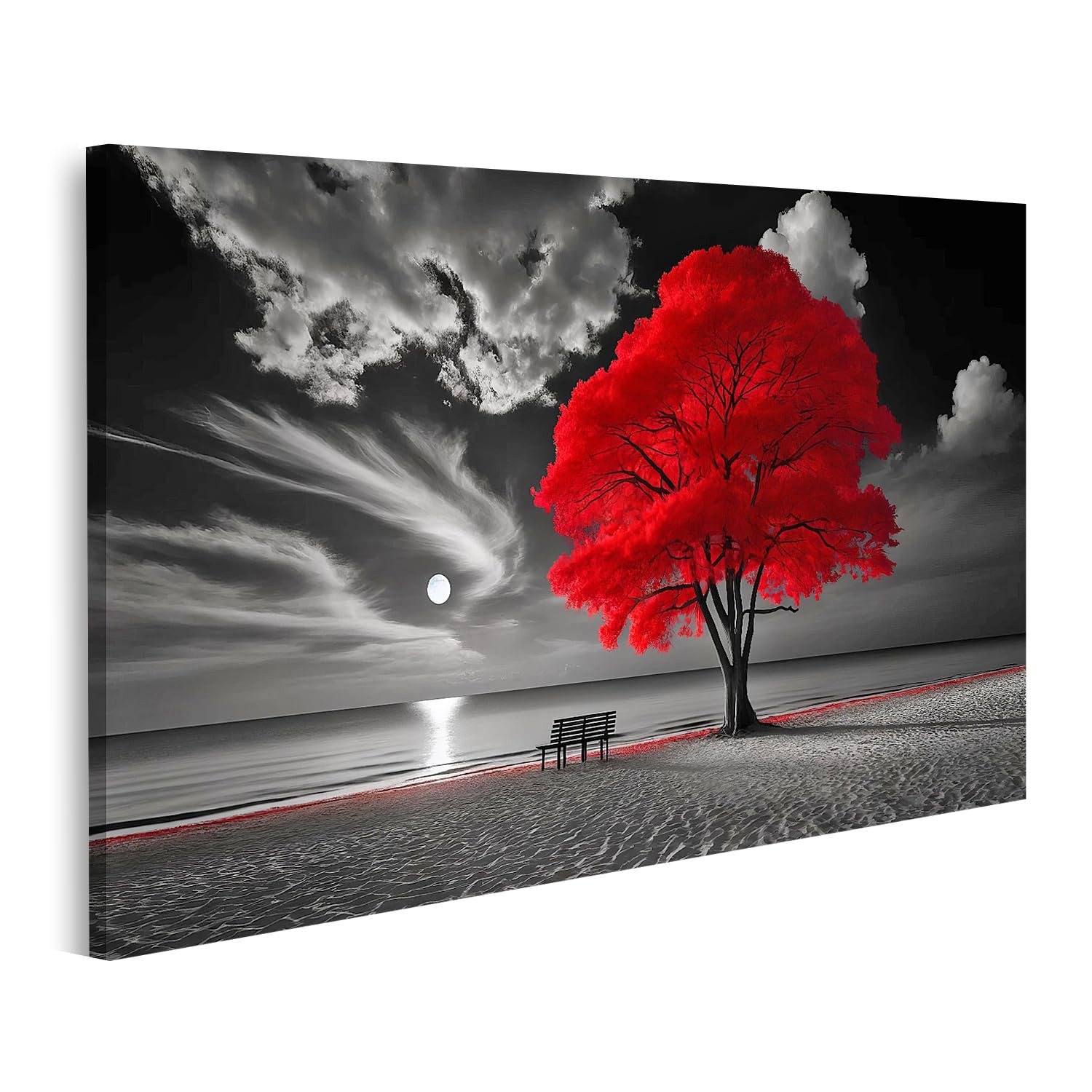 islandburner Leinwandbild Roter Baum am Strand bei Nacht mit Wolken und Bank