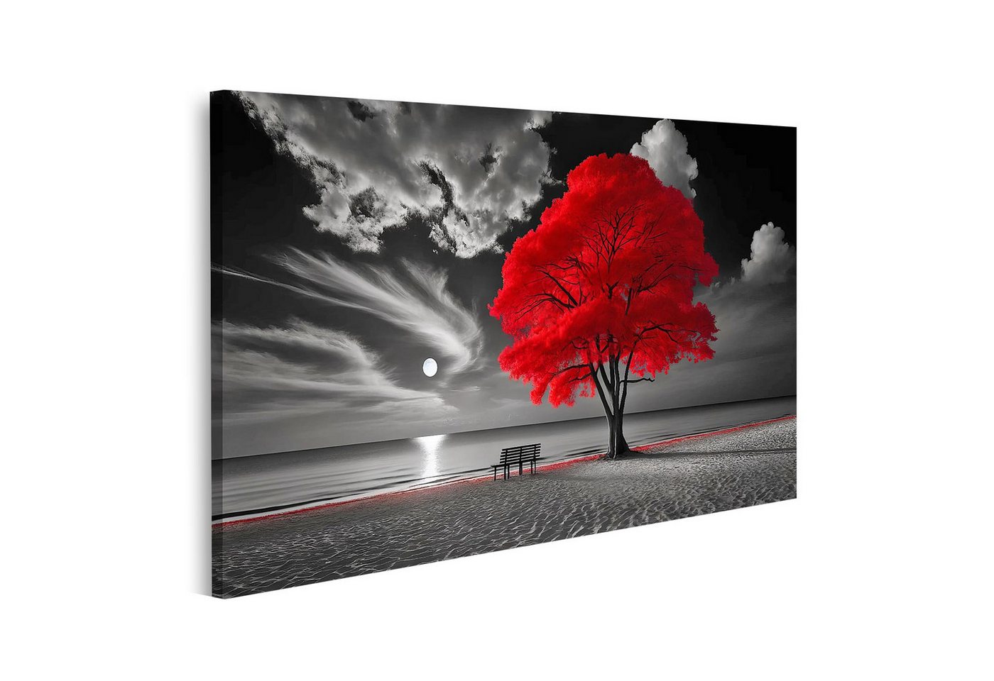islandburner Leinwandbild Roter Baum am Strand bei Nacht mit Wolken und Bank