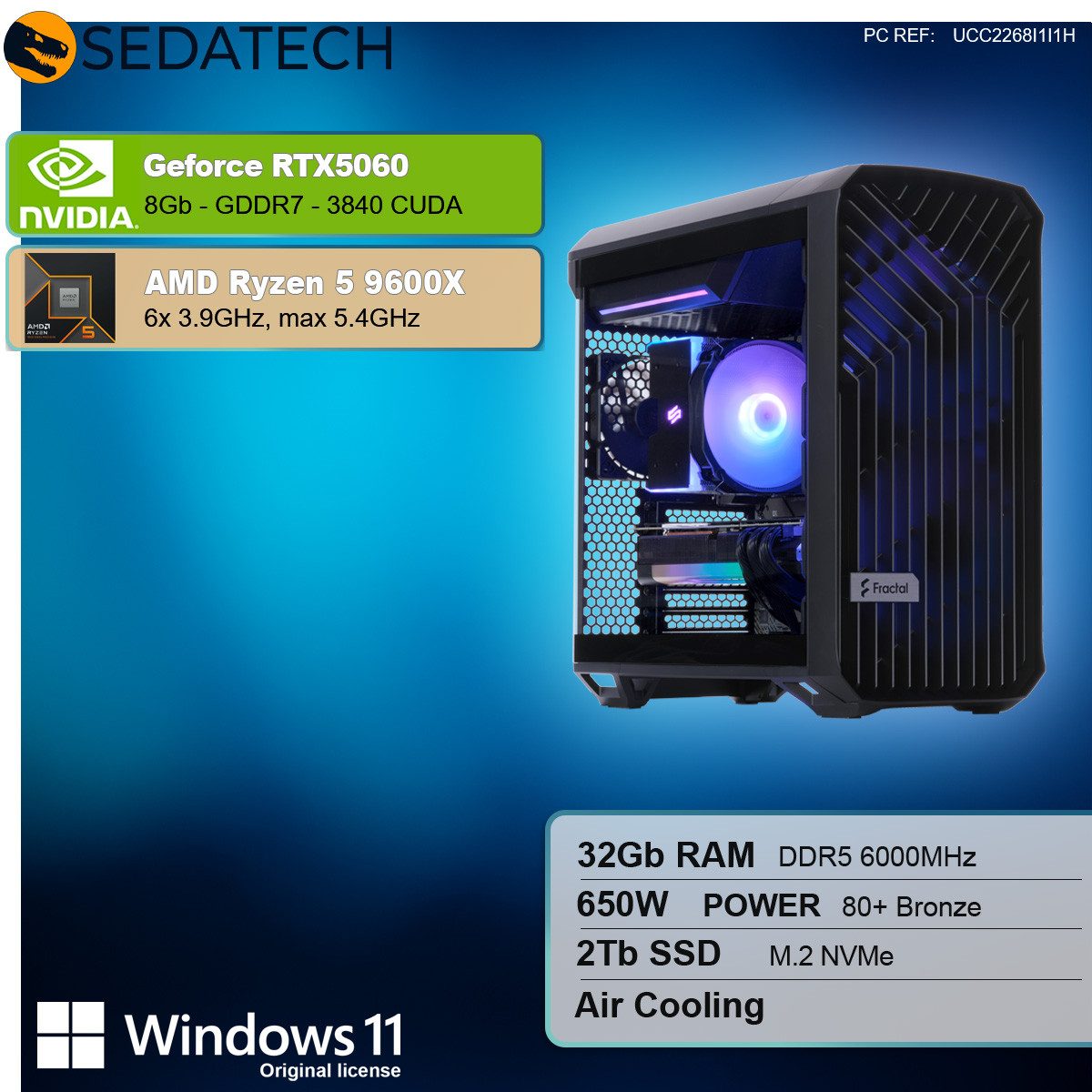 Sedatech UCC2268I1I1HF - Workstation Business-PC (AMD Ryzen 5 9600X 6x 3.9GHz (max 5.4GHz), Geforce RTX5060 8GB, 32 GB RAM, 2000 GB SSD, Wlan 6E)
