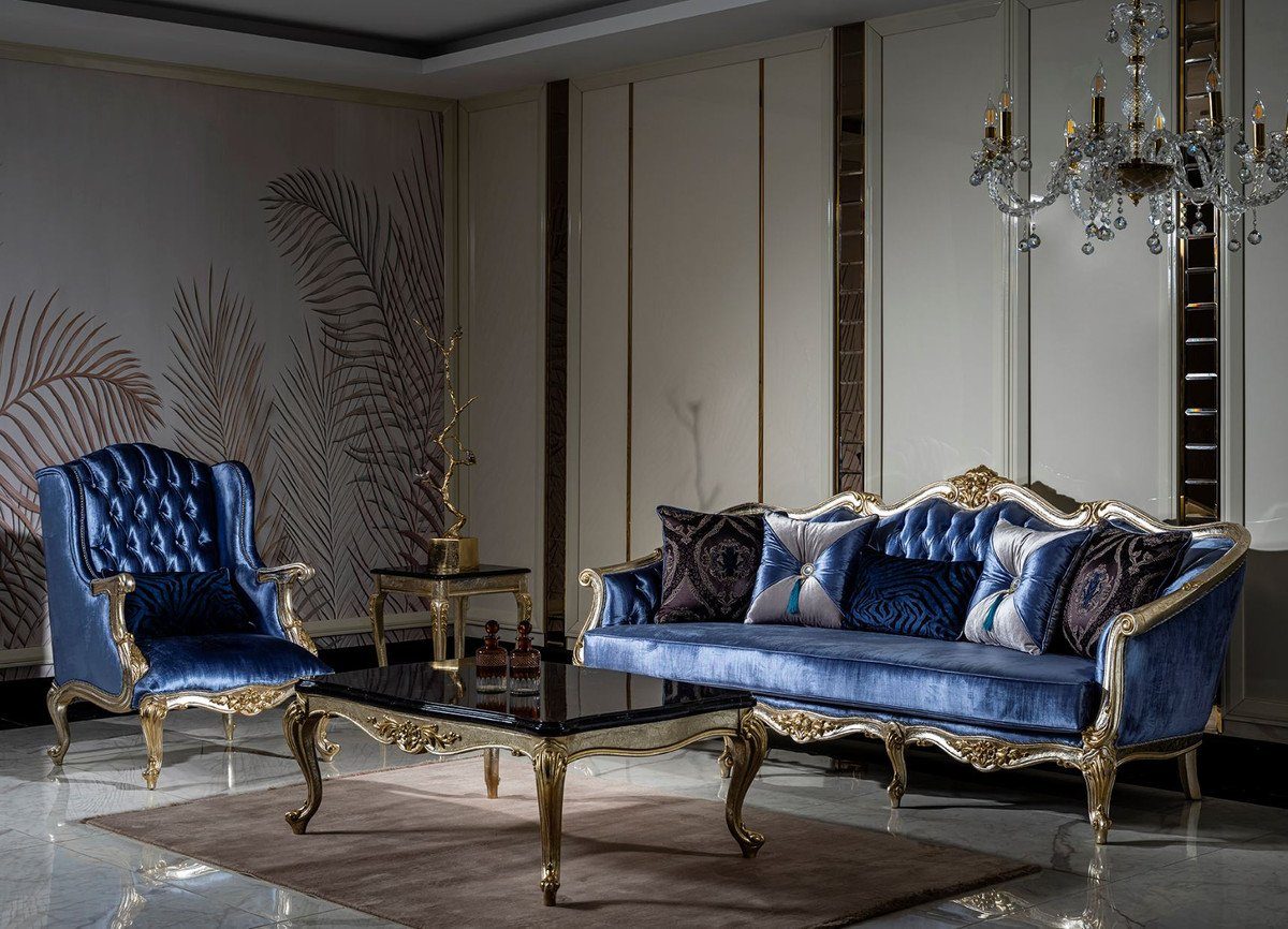dekorativen Handgefertigtes Padrino Wohnzimmer - Barock / Casa Silber / Wohnzimmer Sofa Barock Gold mit Blau Sofa Luxus Möbel Sofa - Kissen