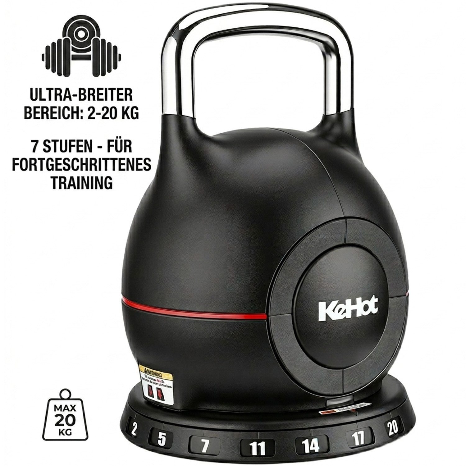 kehot Kettlebell 7-in-1 Kettlebell Verstellbar für Ganzkörper-Workout Zuhause, 20 kg, (Kettlebell Set 2-20 kg, mit 7 Gewichtsstufen, Schnellverstellung, Kugelhantel mit Edelstahl-Handgriff für perfektes Schwungerlebnis), Kompakte Fitness Kugelhantel mit A