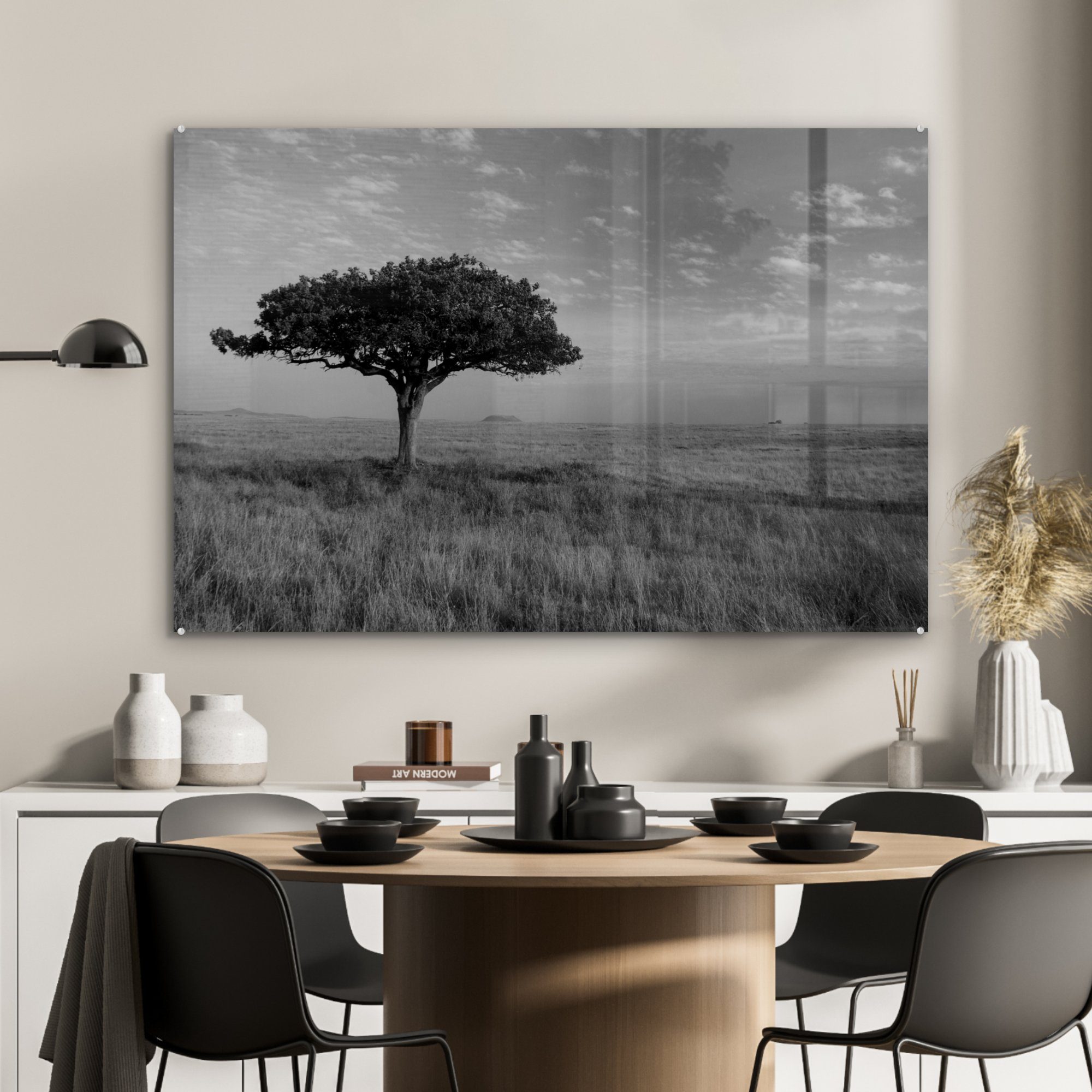 MuchoWow Acrylglasbild Stehender Akazienbaum der Ebene in schwarz St), - weiß, & Wohnzimmer (1 und Acrylglasbilder Schlafzimmer