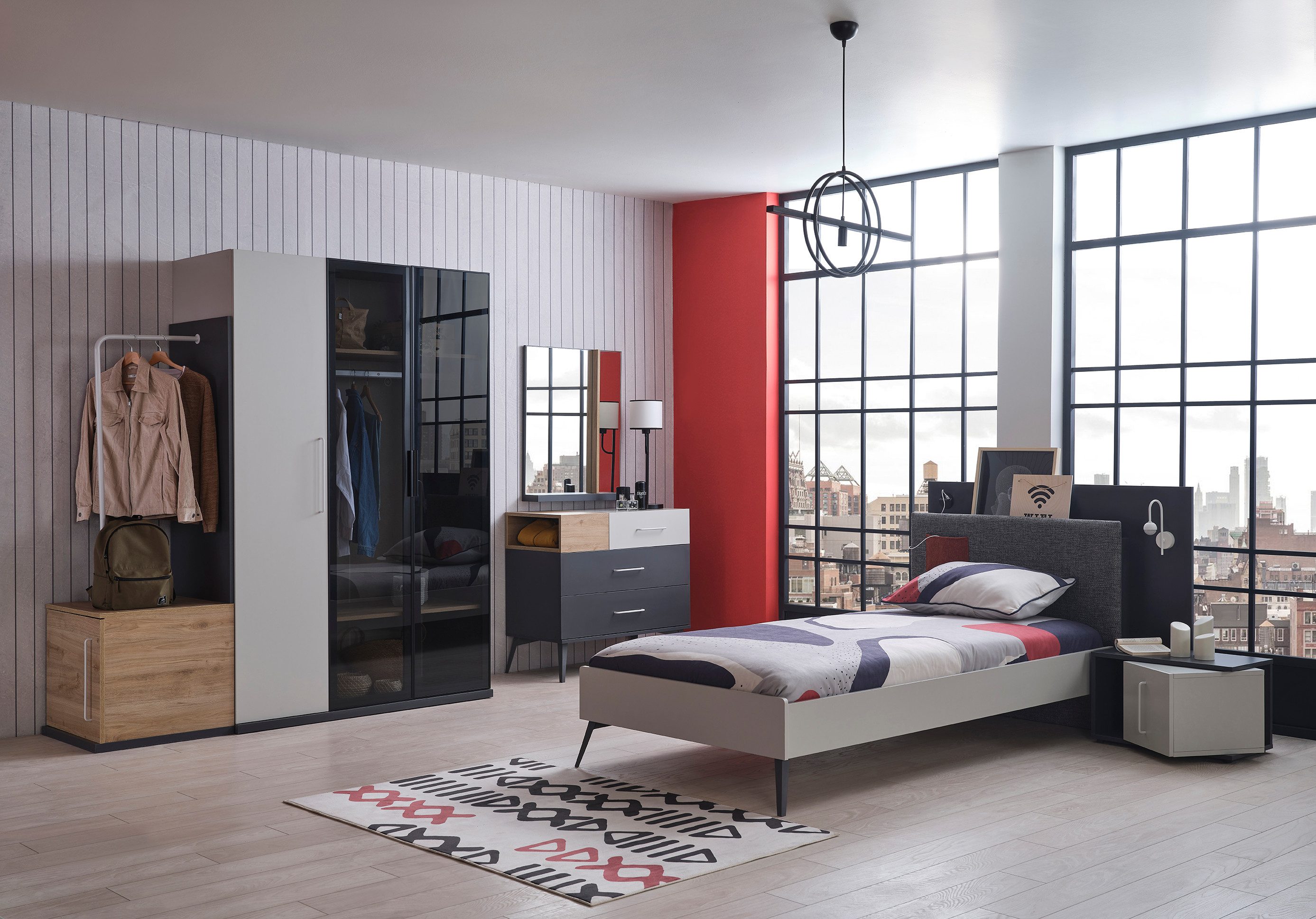 Möbel-Zeit Jugendzimmer-Set HARVEY 6-tlg. – Bett 100x200 – Schrank, Kommode, Spiegel & Garderobe