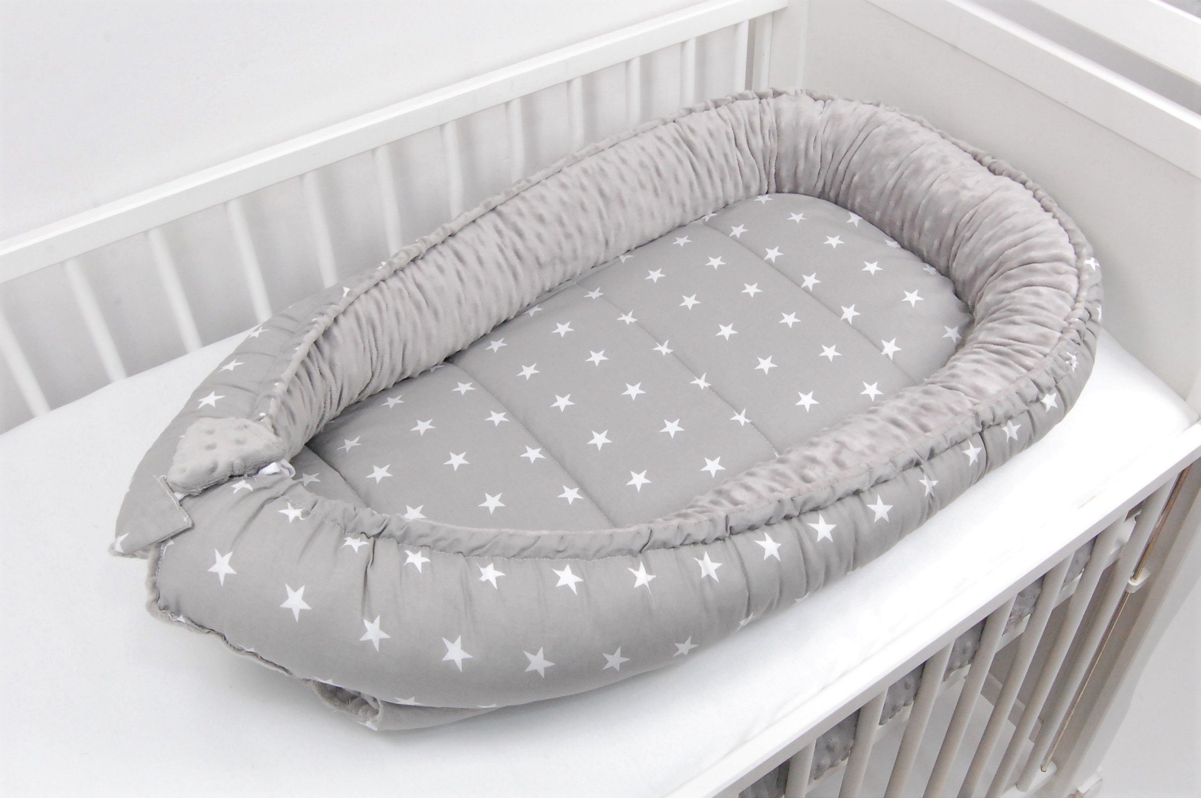 Loolay Bettnestchen MINKY/ Baumwolle BABYNEST Babykokon Geschenk Babyausstattung SETS, (MUSTER: Sterne GRAU/ MINKY Grau, SOLO oder im SETS, 2-tlg., PREMIUM BABY – Bild 5 von 5