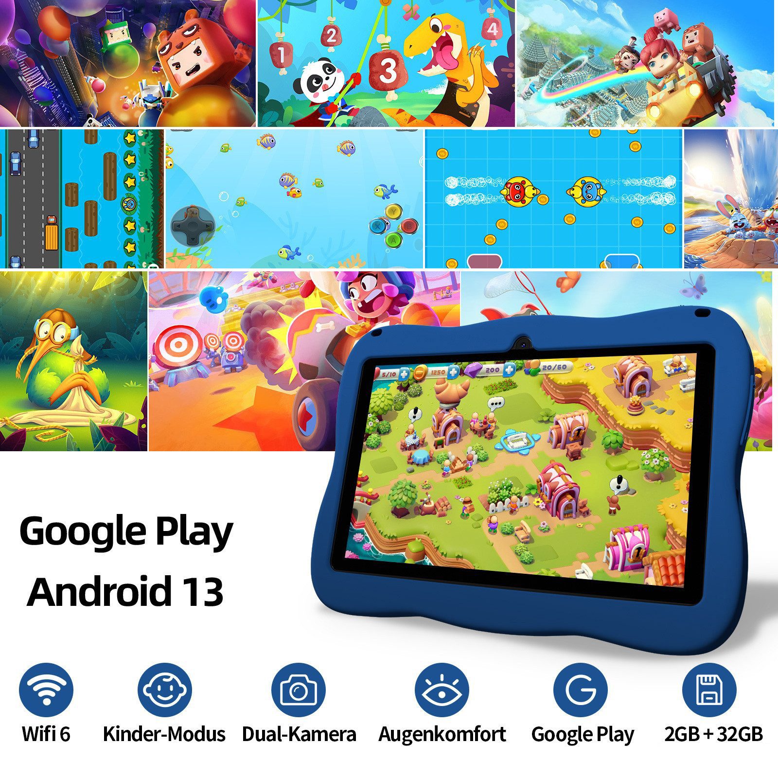 VASOUN 7 Zoll mit Robuster Hülle, WiFi Bluetooth IPS HD Kinder Android Tablet Tablet (32 GB, WiFi, Dual-Kamera, Kindersicherung, Augenschonendes IPS)