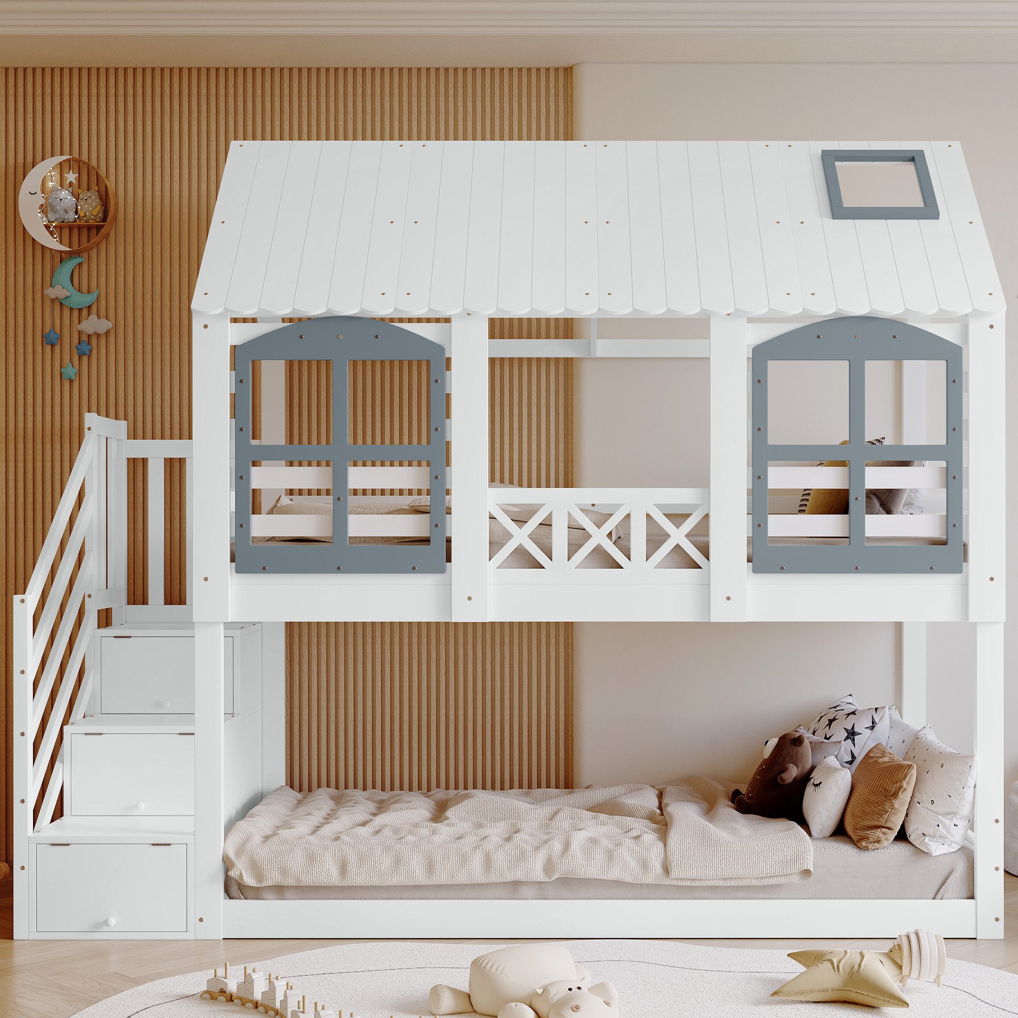 Flieks Etagenbett, Kinderbett 90x200cm mit Stauraumtreppe, Fallschutz, Dach günstig online kaufen