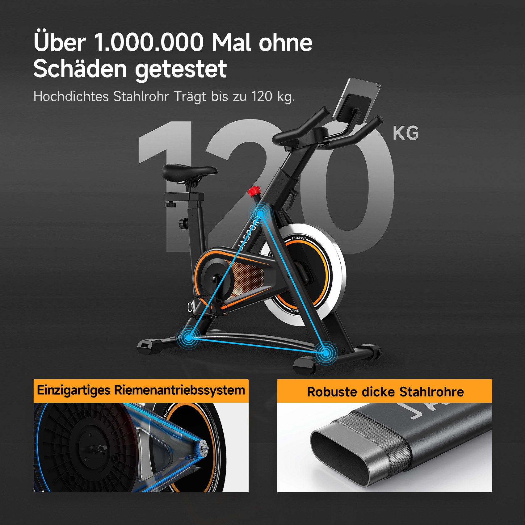 JASPORT Speedbike A3 (Heimtrainer, mit Tablethalterung und bequemer Sitzpolster), App mit Video on Demand Trainingskursen, Kinomap & Zwift kompatibel