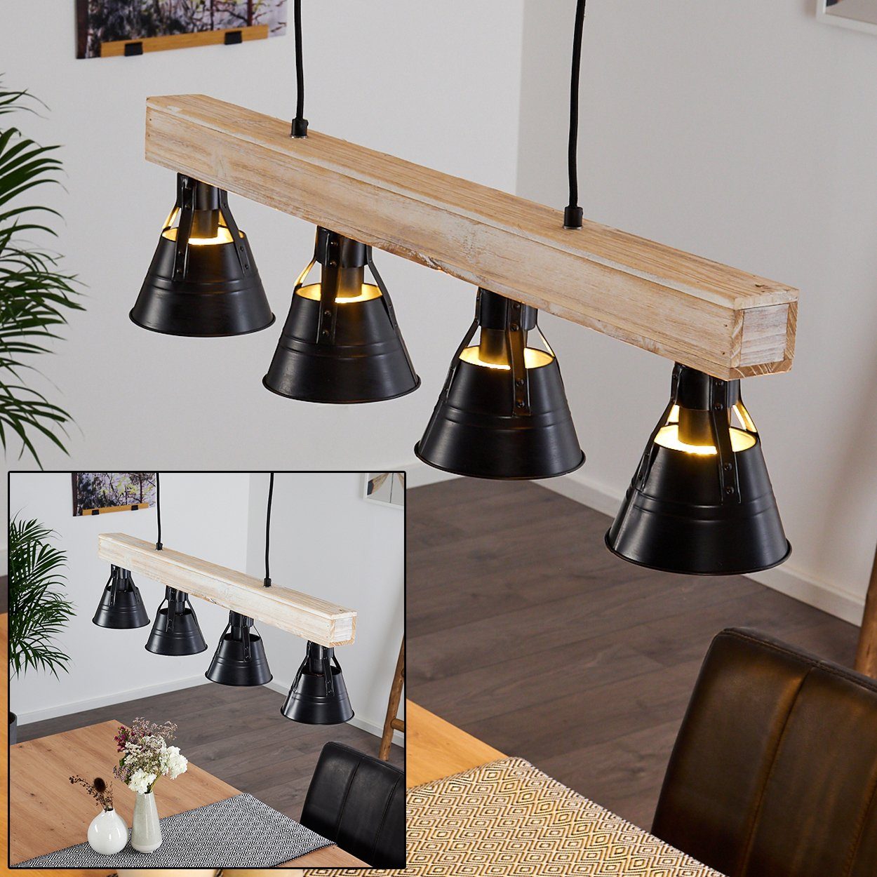 Design Metall/Holz Retro »Croce« aus Deckenlampe Schwarz/Natur, hofstein im Leuchtmittel, in ohne Hängeleuchte 4xE27, verstellbare