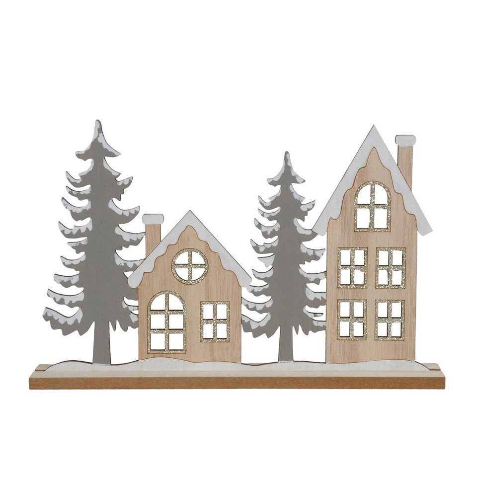 Posiwio Dekoobjekt Landschaft SNOWY grau weiß natur gold Häuser und Bäume  aus Holz Dekoau