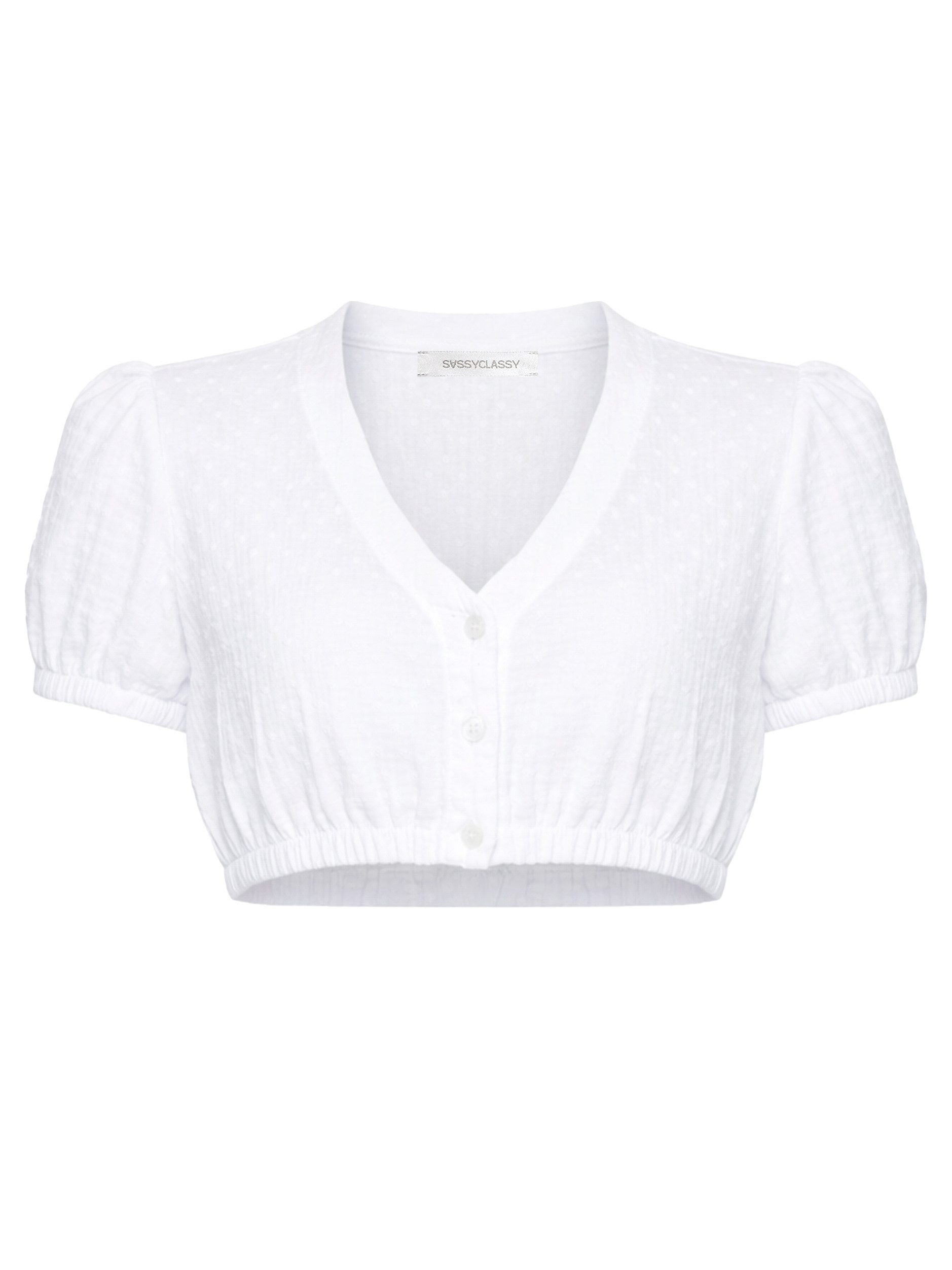 SASSYCLASSY Dirndlbluse Dirndlbluse aus Musselin mit Tupfen für Damen Traditionelle Trachtenbluse mit V Ausschnitt und Puffärmeln Weiß