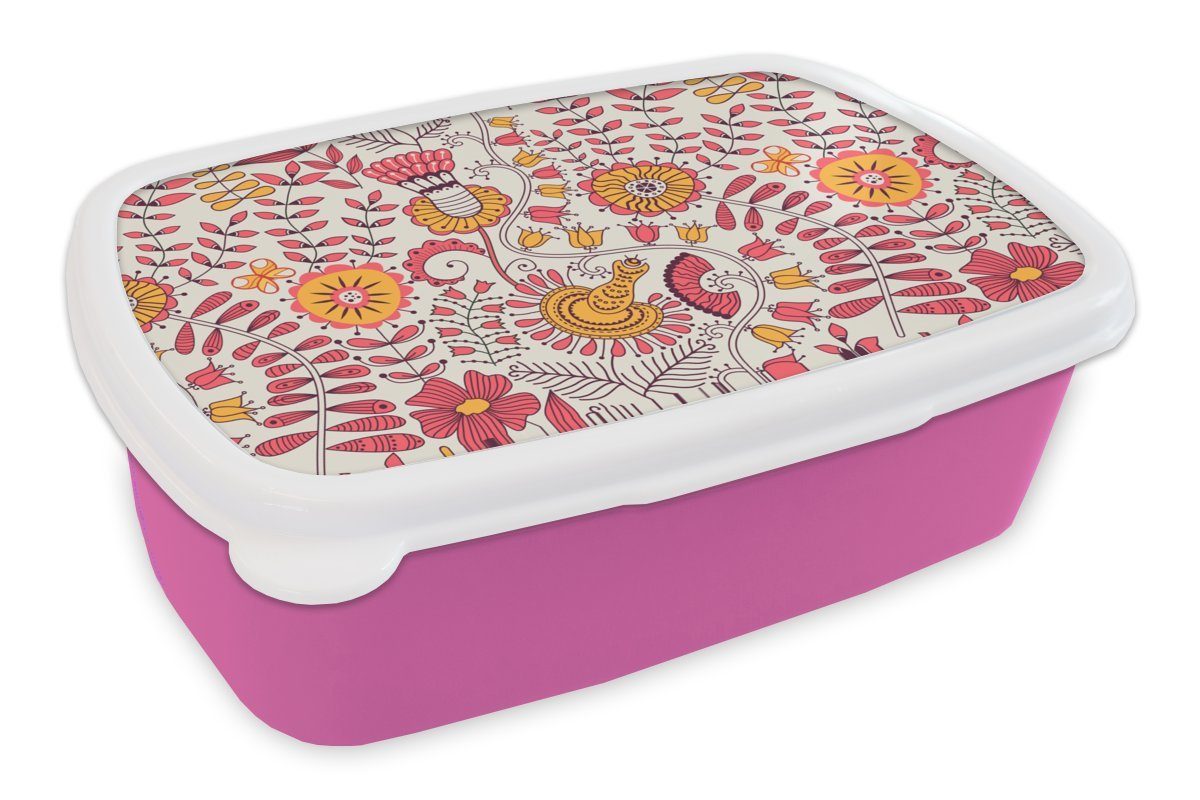 MuchoWow Lunchbox Blumen - Design - Rosa - Orange, Kunststoff, (2-tlg), Brotbox für Erwachsene, Brotdose Kinder, Snackbox, Mädchen, Kunststoff
