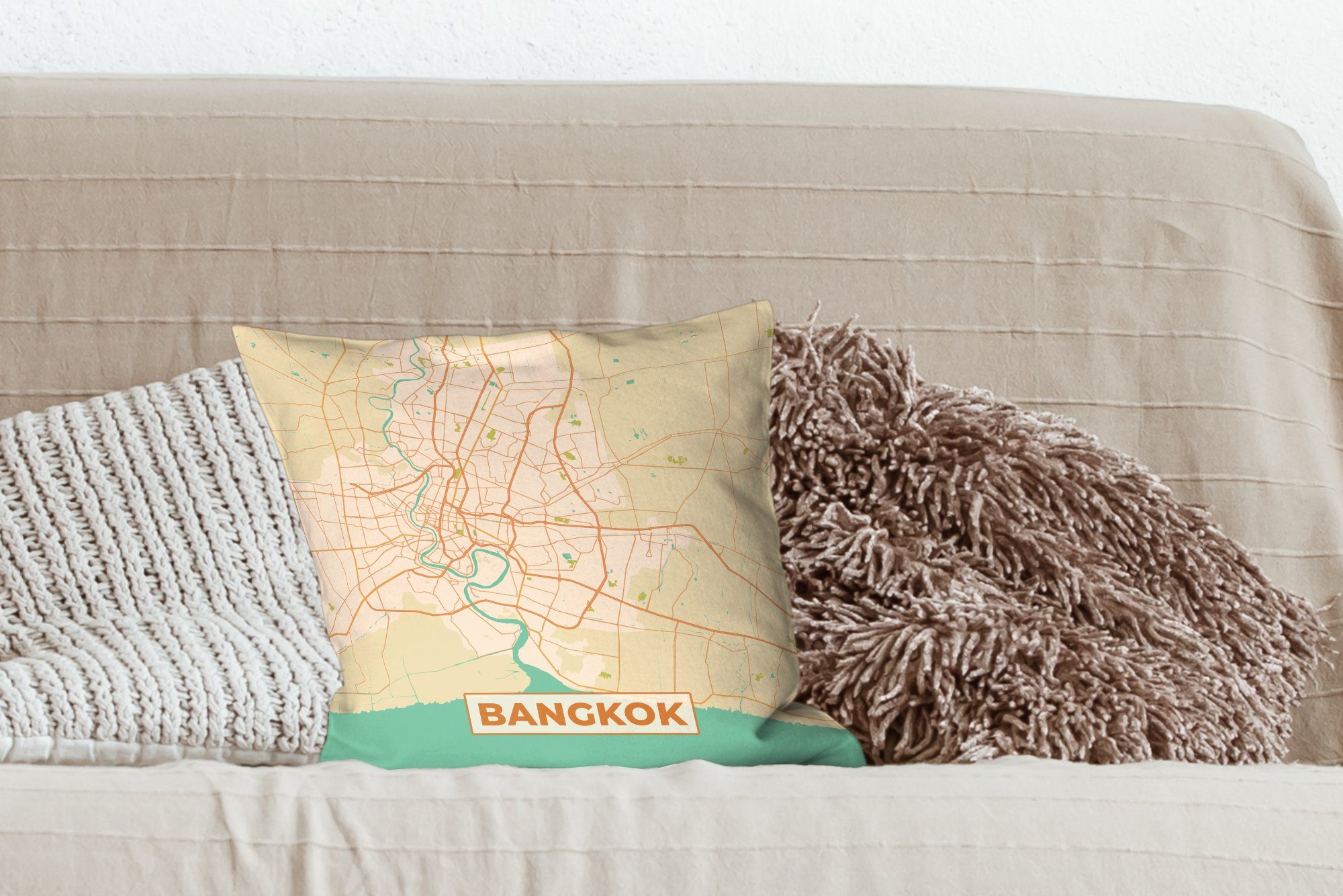 MuchoWow Dekokissen Bangkok - Karte - mit Stadtplan, Schlafzimmer, - Vintage Deko, Sofakissen Zierkissen Wohzimmer, Füllung für