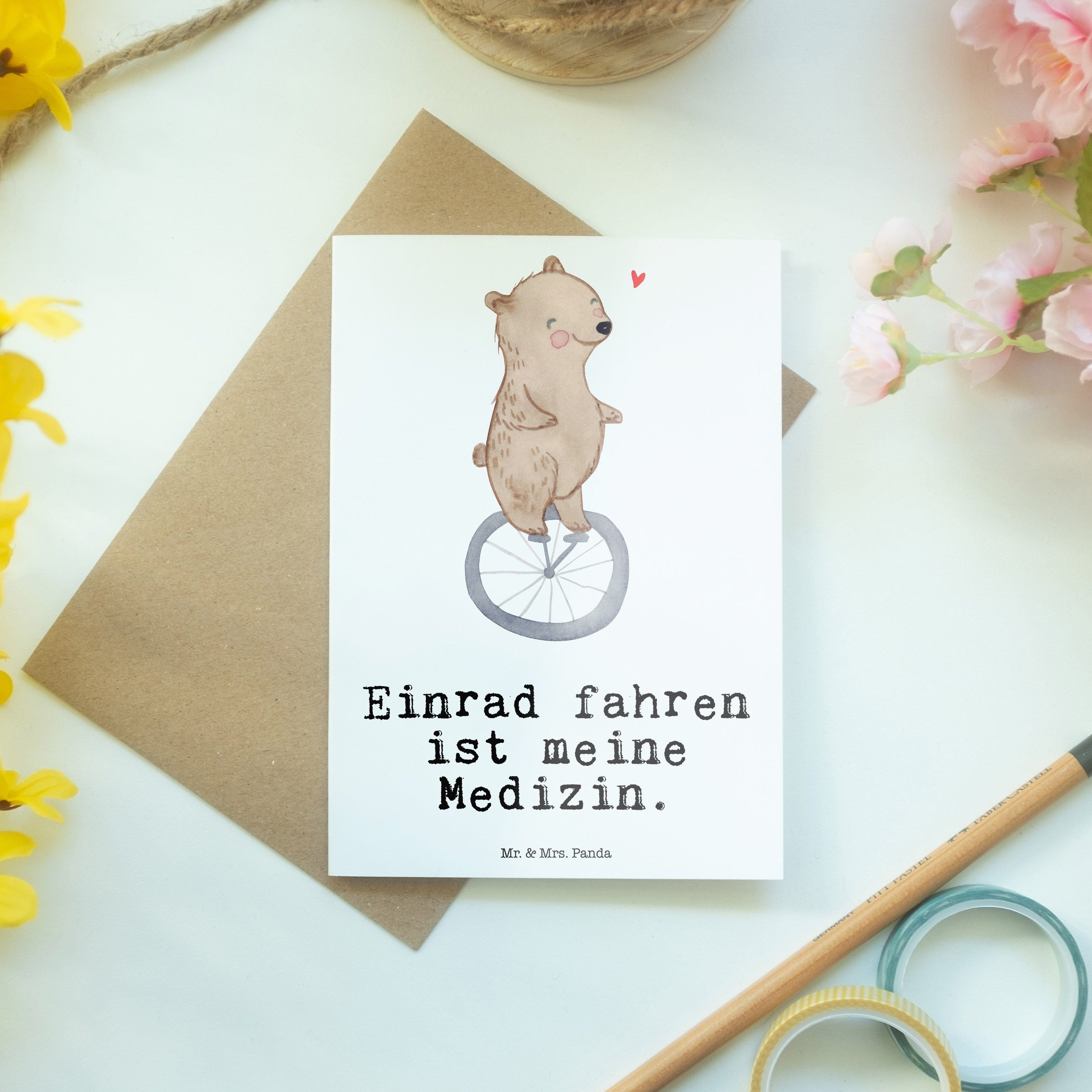 Mr. & Mrs. Panda Grußkarte Hochzeitskarte Einrad - Geschenk, Bär Sportler, - Medizin fahren Weiß