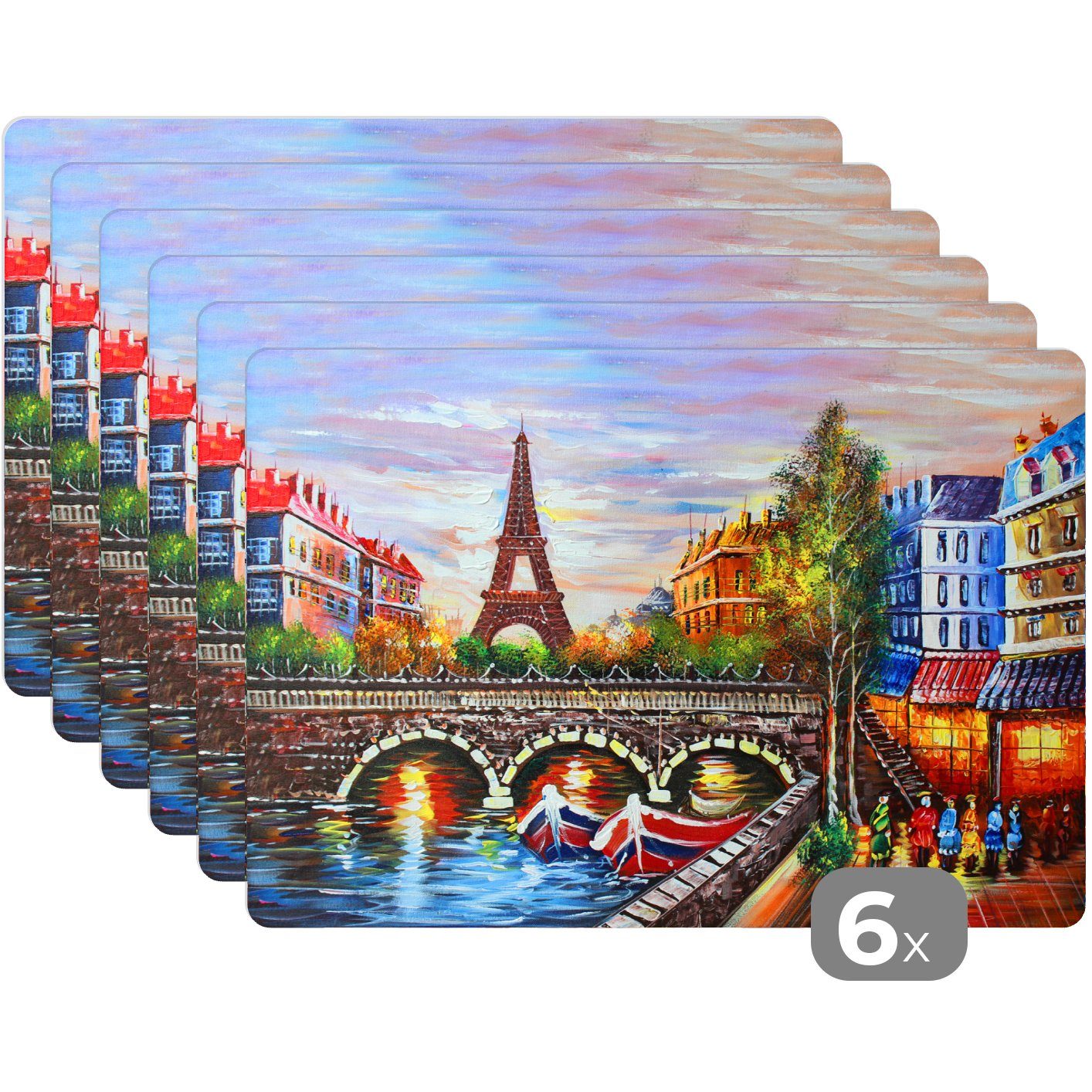 Platzmatte, Schmutzabweisend Tischmatten, (6-St), - Eiffelturm Paris - Öl Platzset, - Wasser, Platzset, Gemälde Platzdecken, - MuchoWow,