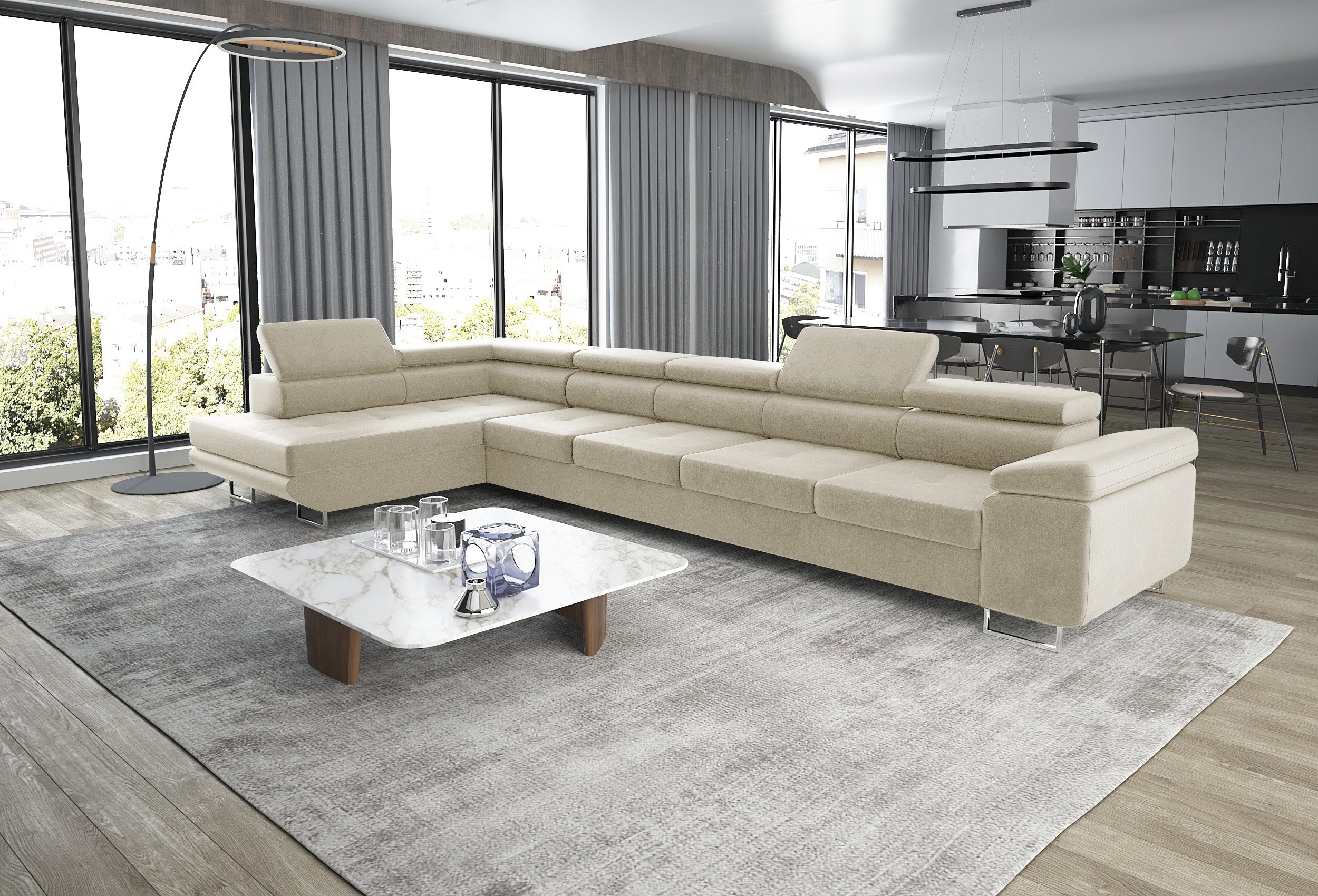 thematys Ecksofa ASTON MAXI 405 x 203cm mit Schlaffunktion & Bettkasten –, L-Sofa mit 5 verstellbaren Kopfstützen, Samt (Monolith), Cord (Poso) - L-Form, XL-Wohnlandschaft, 405 cm breit