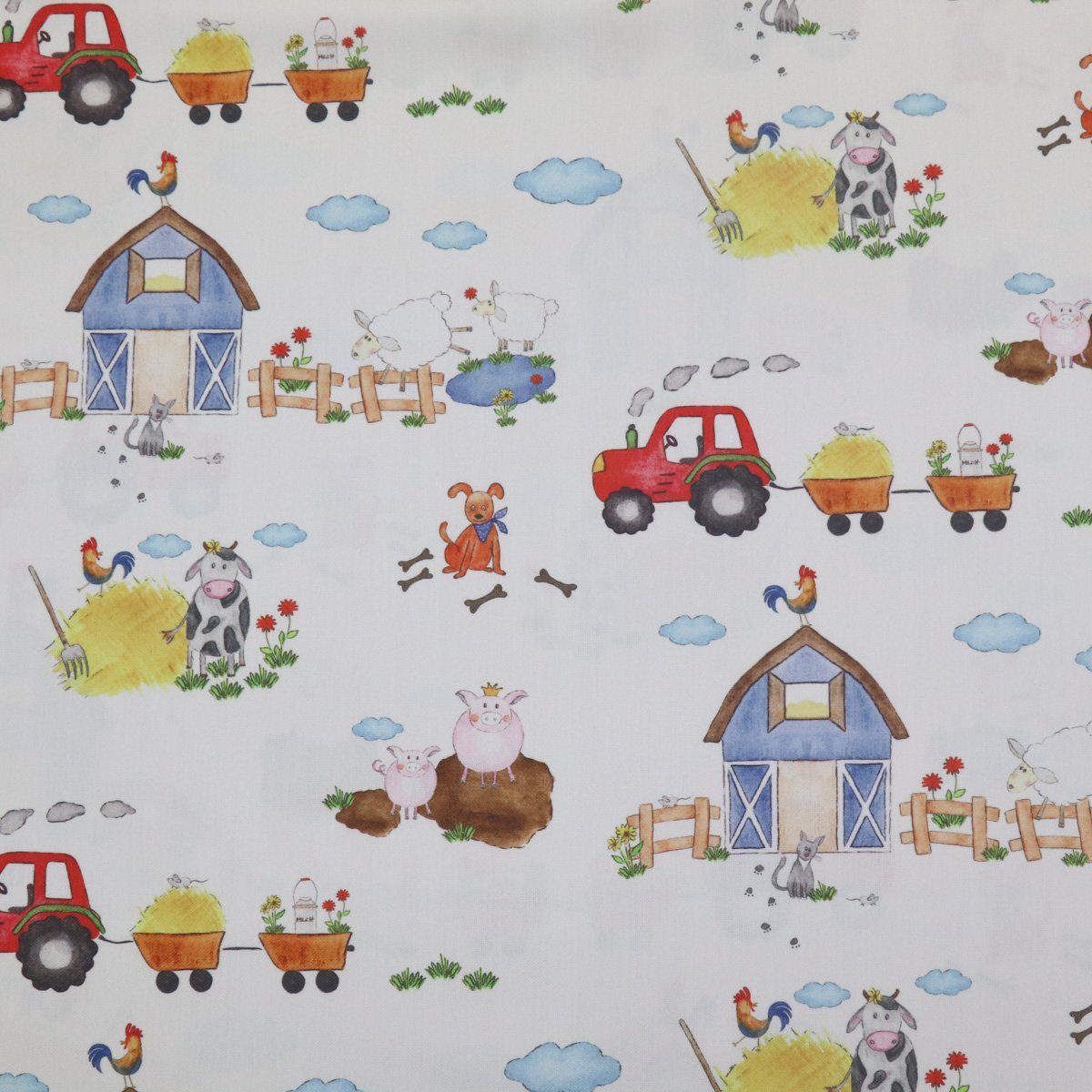 Stoff Dekostoff HOFGAUDI Bauernhof Trakor Tiere bunt