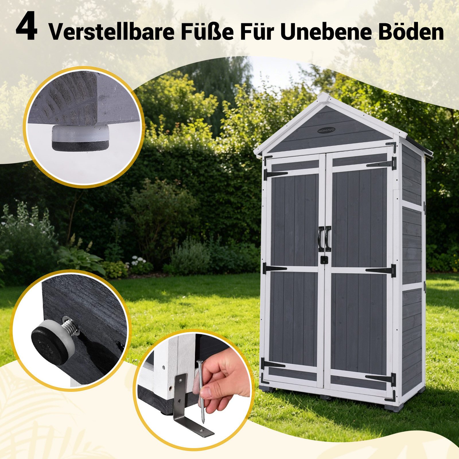 HOMAVO Gerätehaus Gartenschrank Werkzeugschrank Geräteschuppen Holzhäuschen, Outdoor-Schrank, Satteldach, mit 2 Einlegeböden, 99.3*56.5*178cm