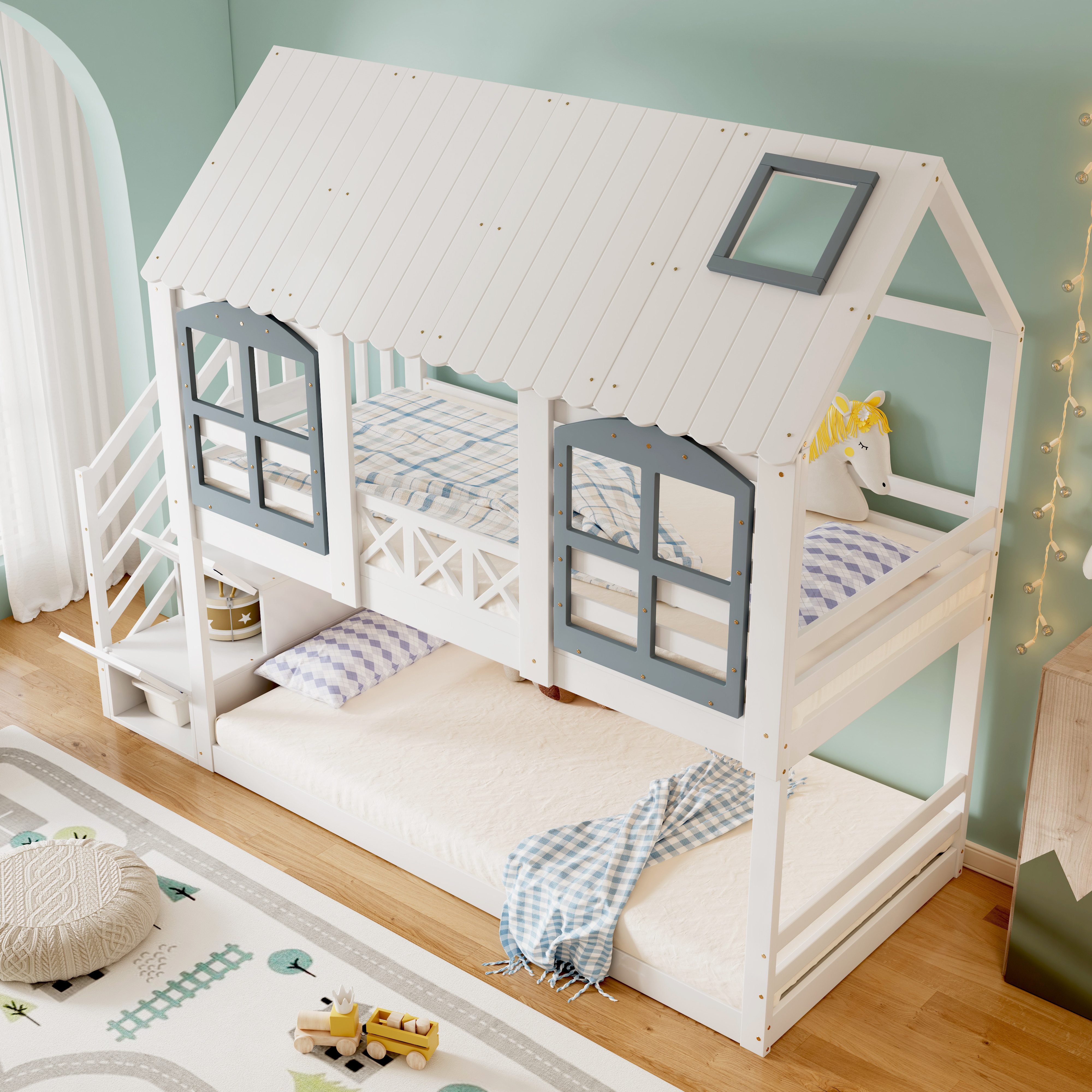 Merax bunk bed (3 lockers in the stairs, 1-pc., pine wood bed, youth bed, house bed with safety rail), children's bed 90x200cm with storage stairs, loft bed with window & roof