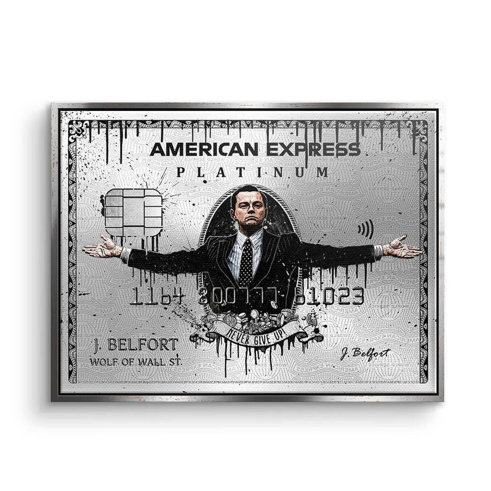 DOTCOMCANVAS® Leinwandbild, Premium Leinwand Wandbild Wolf of Wall Street American Express Design silberner Rahmen