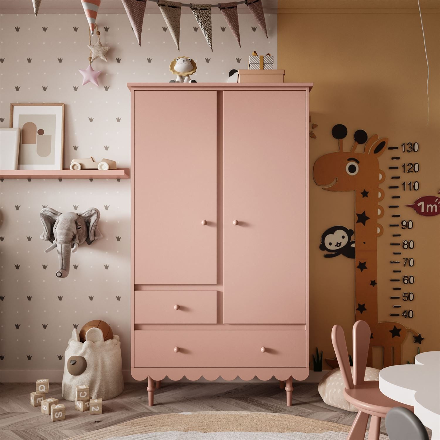 Lookway Kinderkleiderschrank BABUSHKA Zweitüriger Kleiderschrank mit Schubladen (1x Schrank)