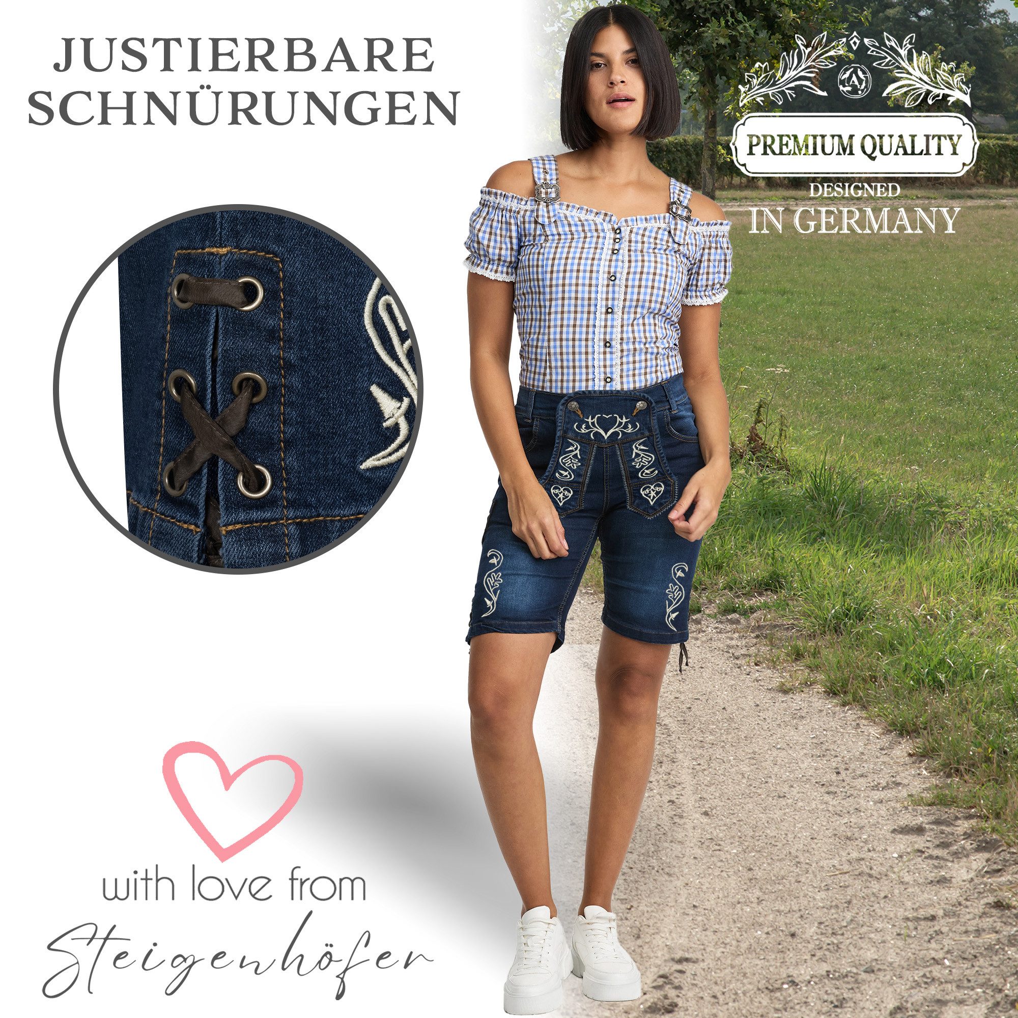 Steigenhöfer Manufaktur Trachtenjeans im Lederhosen Look - Damen Shorts - Stretch für Komfort - Capri Jeans Traditionelles Design - Ideal für Oktoberfest usw. - – Bild 5 von 5