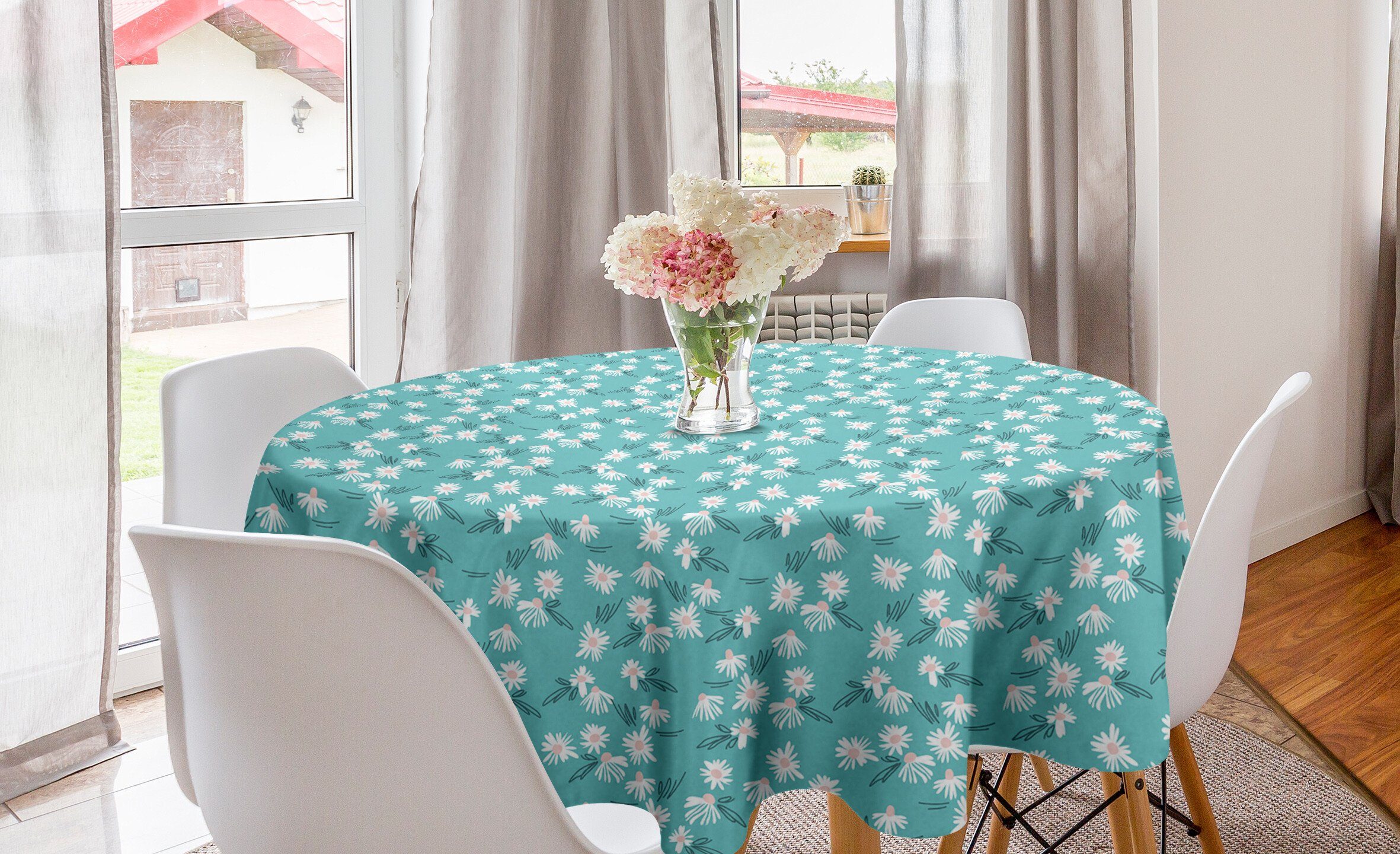 Abakuhaus Tischdecke Kreis Tischdecke Abdeckung für Esszimmer Küche Dekoration, Kamille Gänseblümchen-Blumen und Blätter