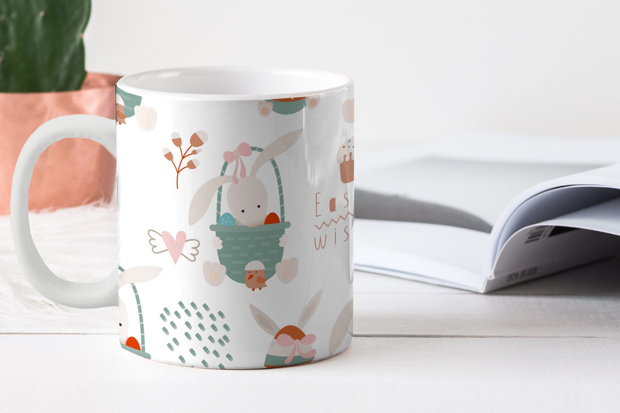 MuchoWow Tasse Ostern - Osterkorb, Teetasse, Muster Keramik, - Geschenk Becher, Kaffeetassen, Teetasse