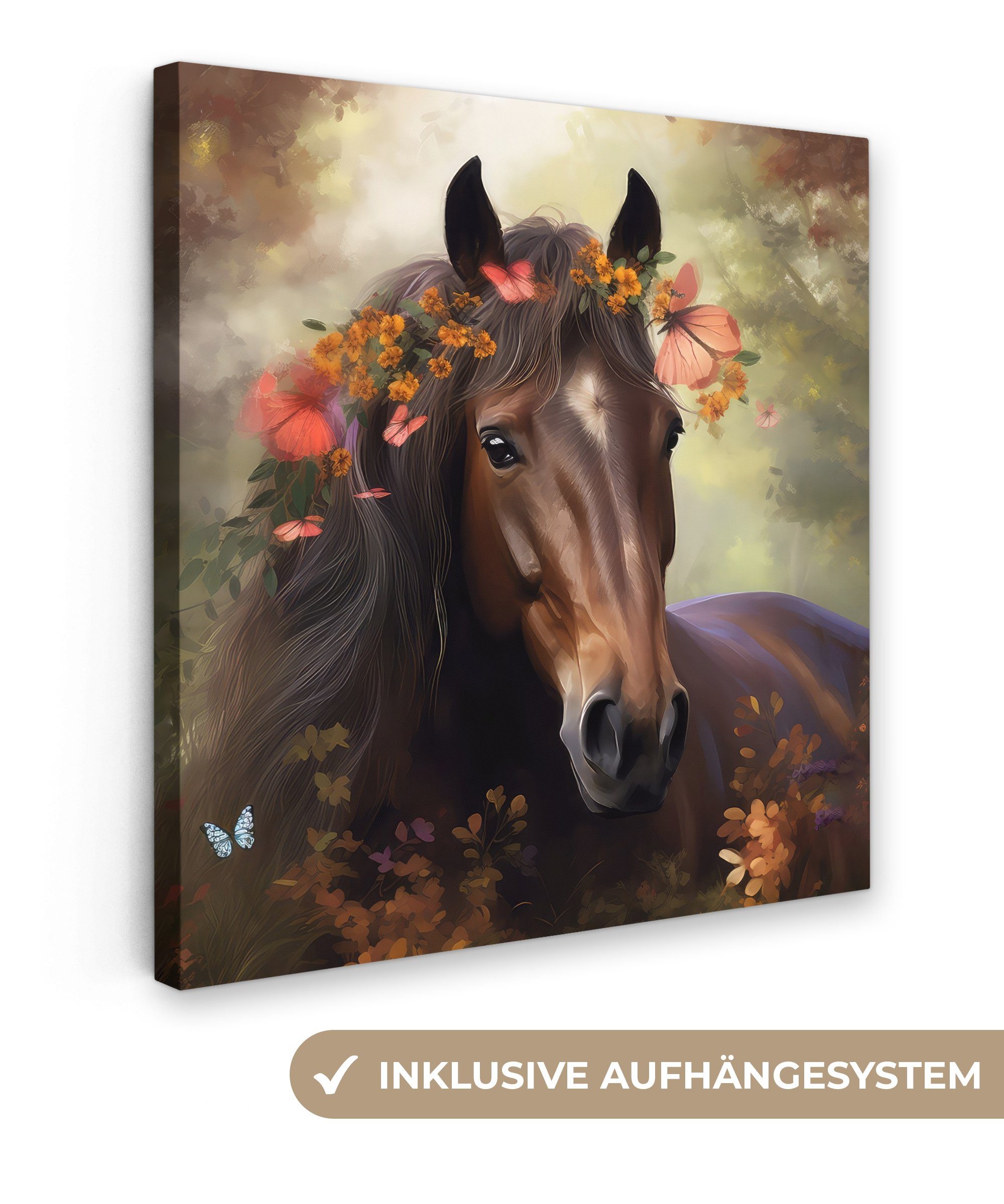 OneMillionCanvasses® Leinwandbild Pferd - Tiere - Blumen - Wald - Schmetterling, (1 St), Leinwand Bilder für Wohnzimmer Schlafzimmer, 20x20 cm | Leinwandbilder