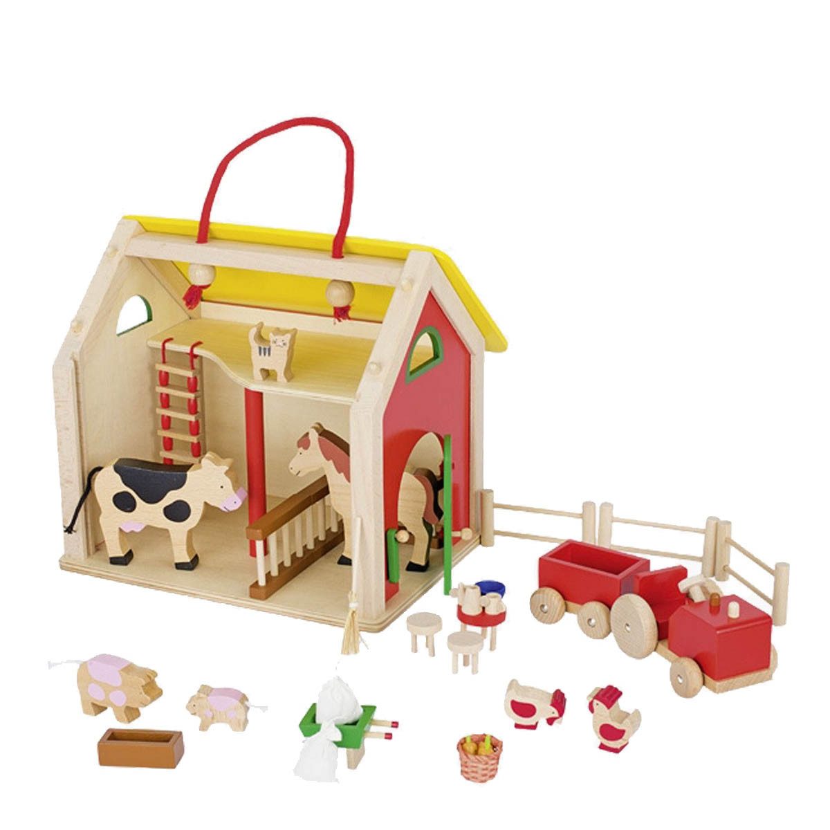 goki Spiel-Gebäude Koffer Bauernhaus mit Zubehör aus Holz (spar packung, 31-tlg., packung), Das bunte Haus kann so gut im Kinderzimmer verstaut werden.