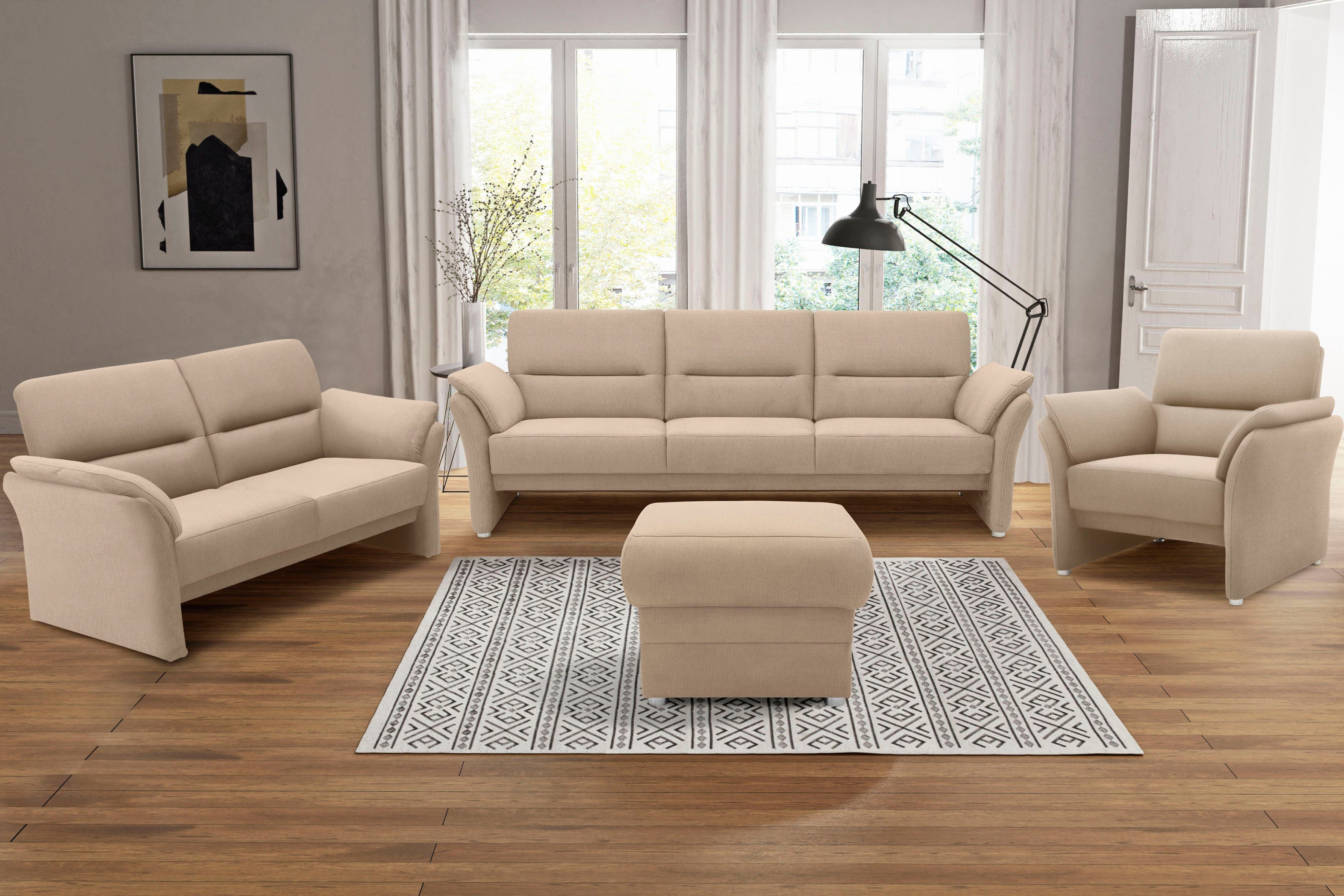 DOMO collection 3-Sitzer Pina, schmale Armlehnen, mit Federkern, kompakt & elegant, Hoher Sitzkomfort, Luxus-Microfaser weich, sand, Breite 219 cm