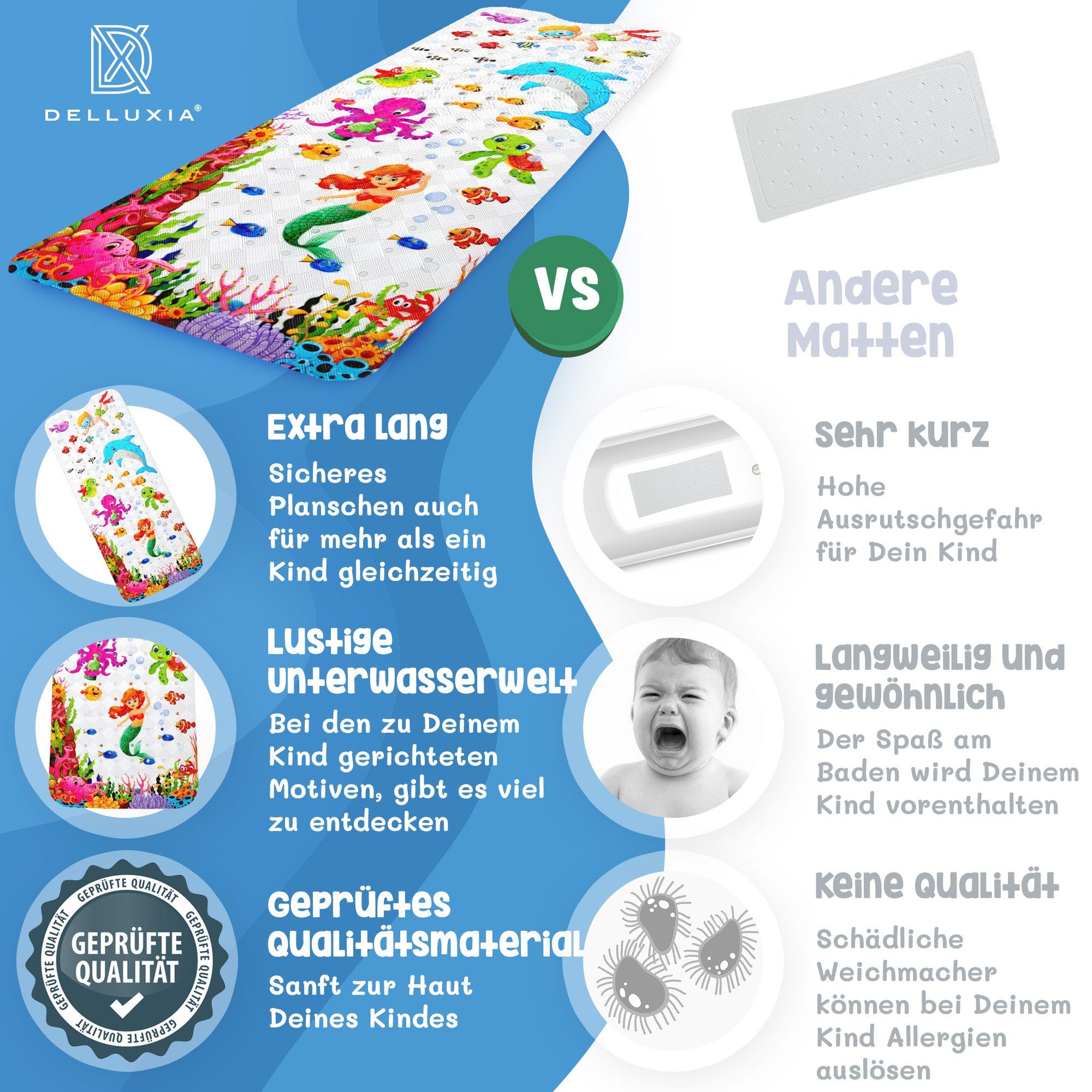 Delluxia Bathtub Mat for Children, Non-Slip, XL, W: 40 cm, L: 100 cm, incl. Hanging Loop, Odorless, Mold-Free, Plasticizer-Free