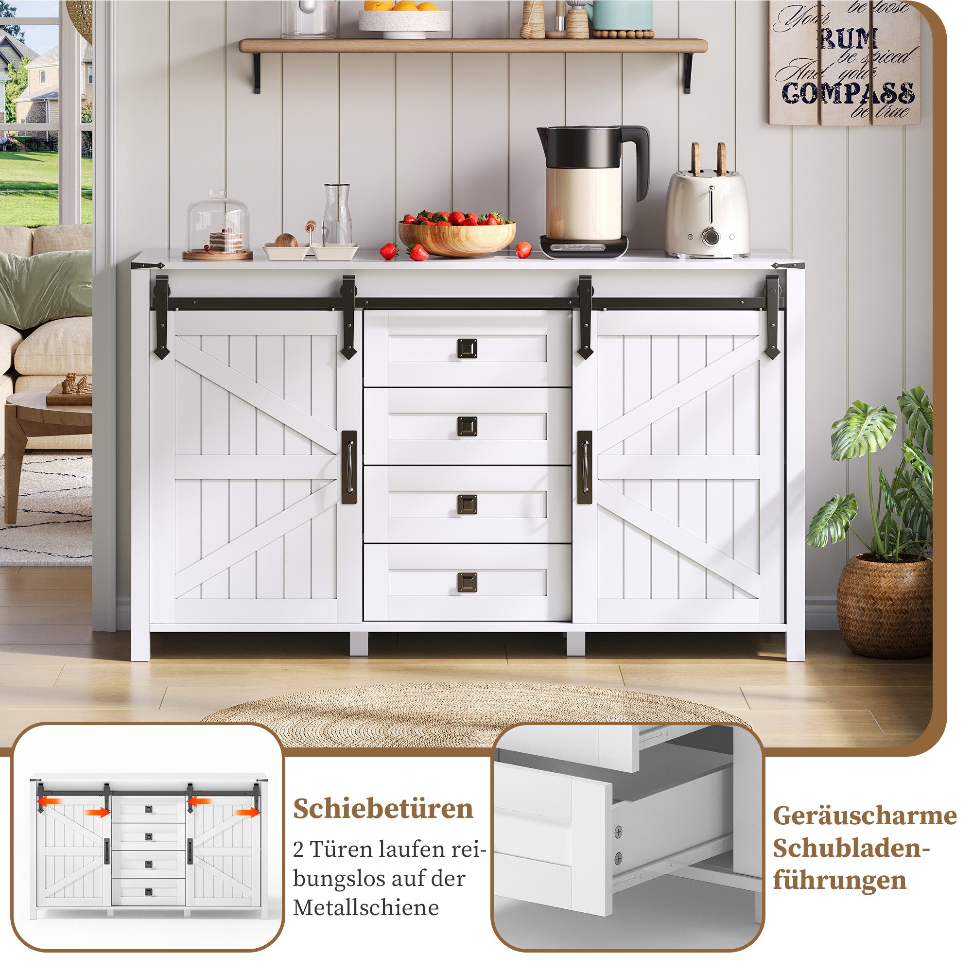STILVORA Sideboard Buffetschrank mit Schiebetüren&4 Schubladen,Kommode Küchenschrank MDF (Vintage Sideboard mit Schiebetüren & 4 Schubladen – 137 cm, Weiß, Robustes MDF, Geräuscharme Schubladen, Stabil mit Kippschutz, Multifunktional für Küche, Esszimmer, Wohnzimmer), mit Schiebetüren und 4 Schubladen