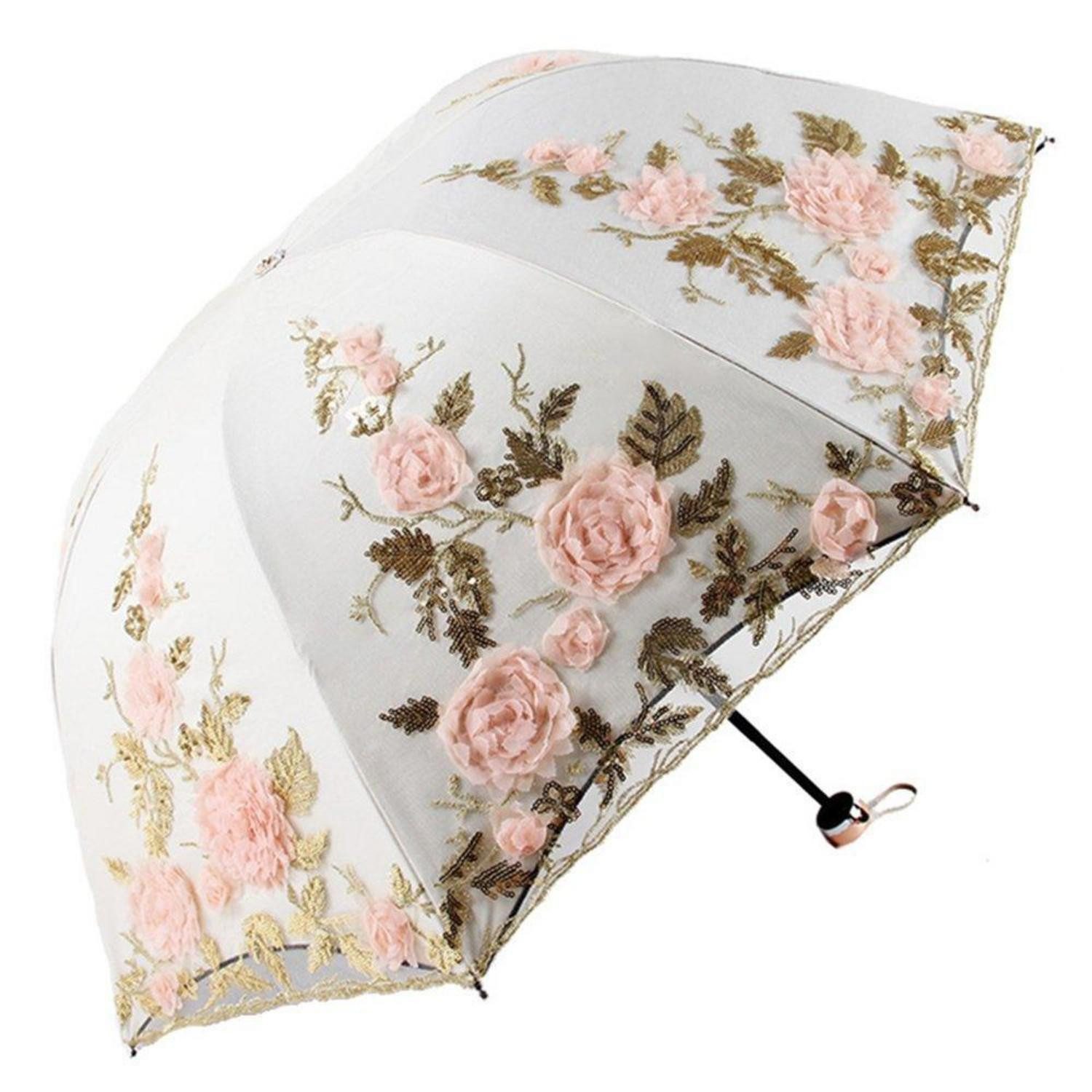 LuxusKollektion Taschenregenschirm Sonnenschirm Spitze 3D Blumenstickerei beige