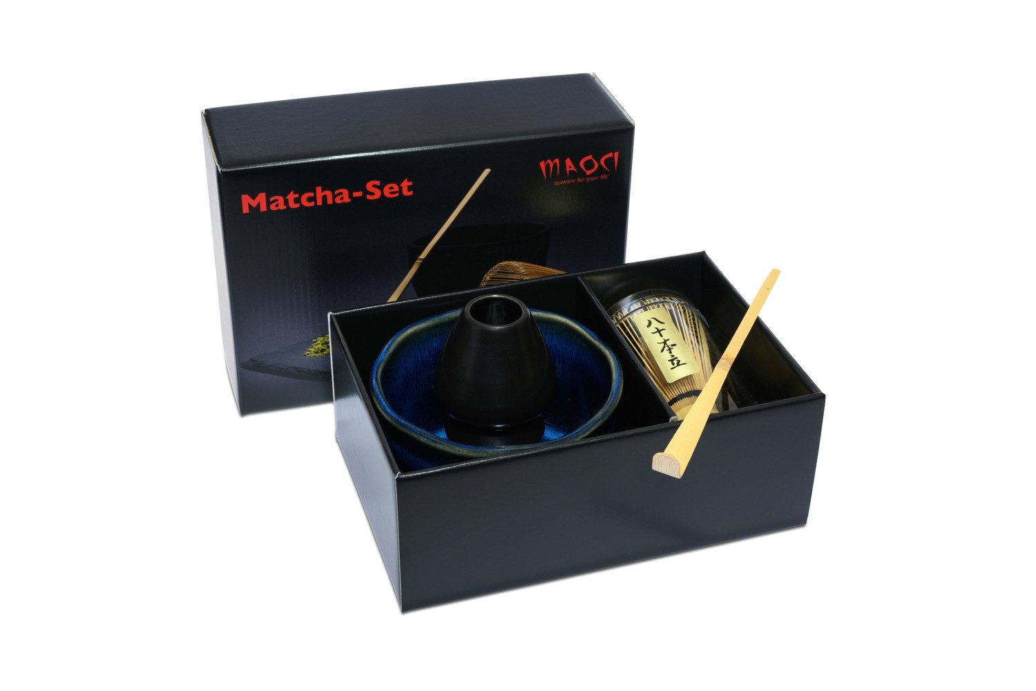 MAOCI teaware for your life Teeschale Matchaset Premium Schale blau schwarz Besen Löffel Besenhalter, 4-tlg. Set
