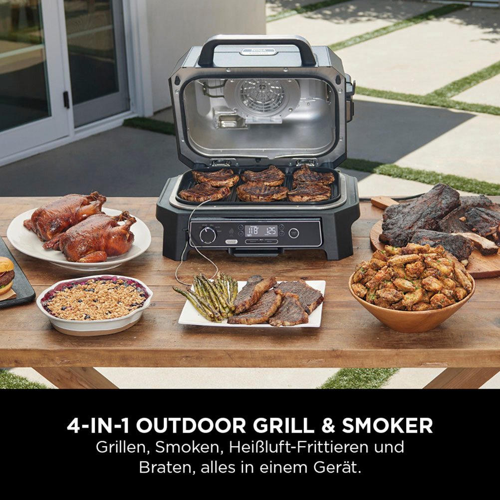 NINJA Elektrogrill Woodfire OG850EU, 1700 W, Outdoor Grill, Smoker und Heißluft-Fritteuse