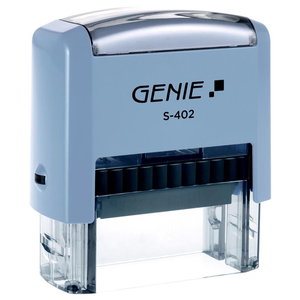 GENIE Stempel S-402, Selbstfärbendes Stempel Set, selbstfärbender Stempel, zum selbstgestalten, Firmenstempel, Textstempel, Bürostempel, 4 Zeilen, inkl. Pinzette, Stempelkissen, blau