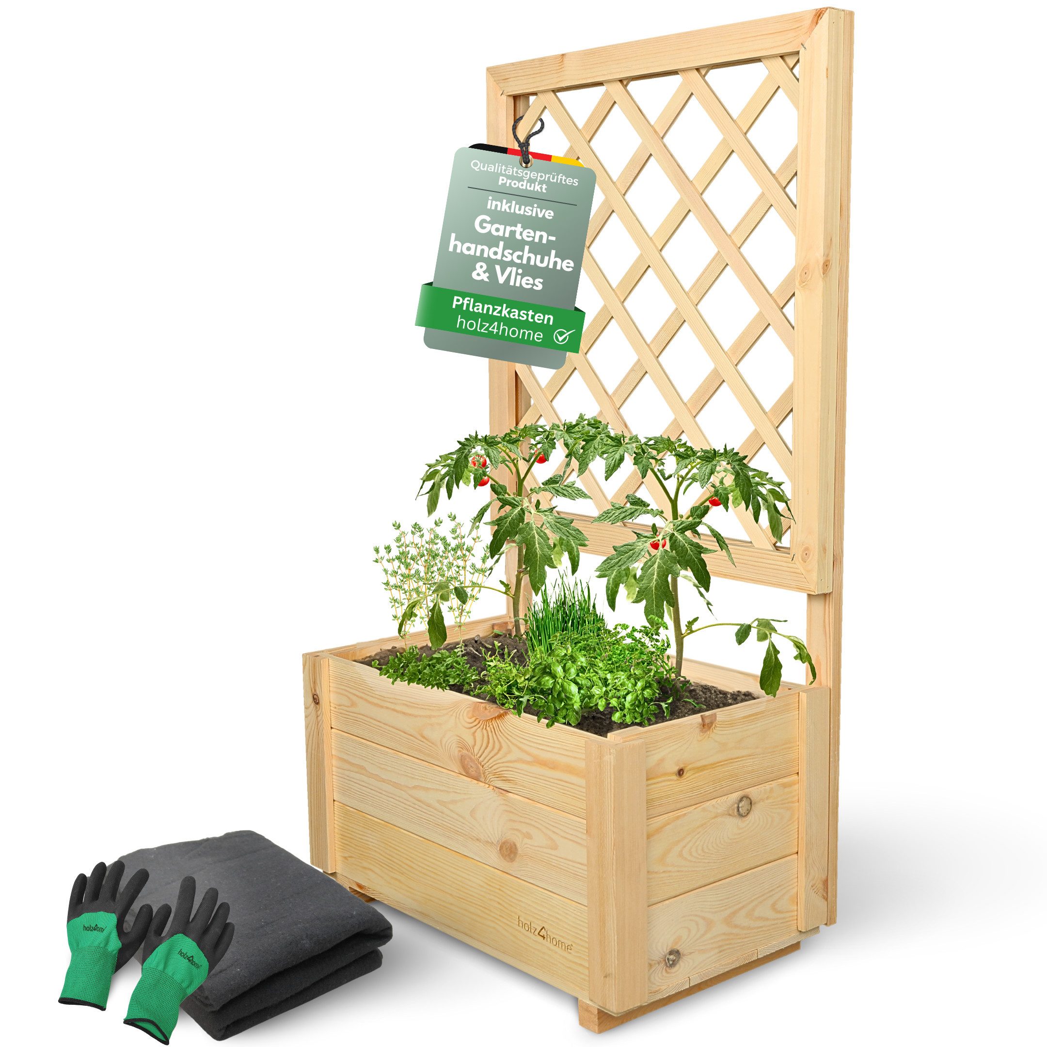 holz4home® Blumenkasten Pflanzkasten mit Rankgitter aus Kiefernholz I inkl. Gartenhandschuhe, Pflanzkübel mit Einlegevlies
