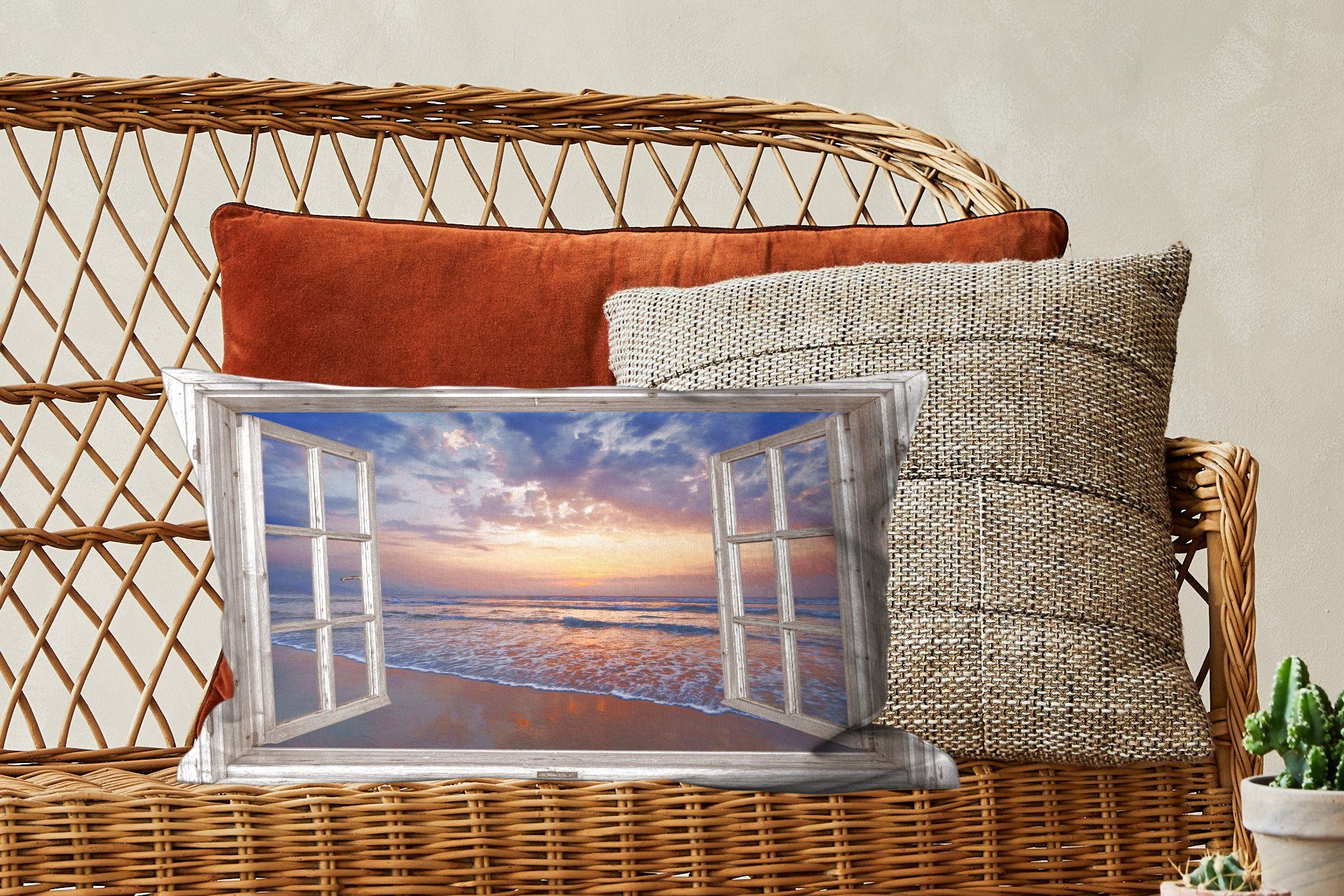 Dekokissen - Sonnenuntergang - - Blau, Aussicht Meer Schlafzimmer MuchoWow Dekokissen Zierkissen, Wohzimmer Strand - Füllung, mit Dekoration,