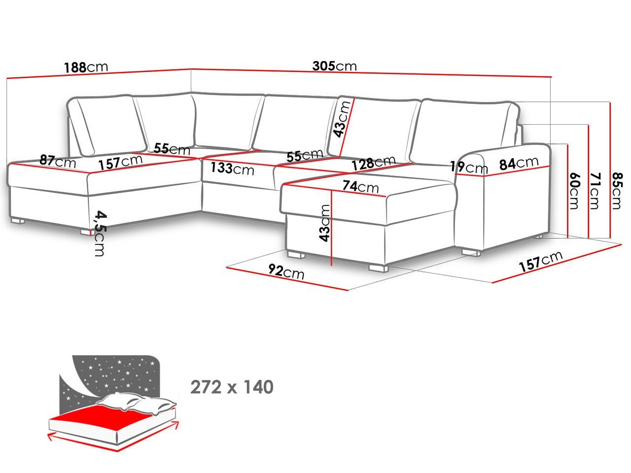 MIRJAN24 Wohnlandschaft Reißverschluss mit Kissen und mit Bettkasten Couchgarnitur, Wilma, 6 Schlaffunktion, Ecksofa, Set zwei im