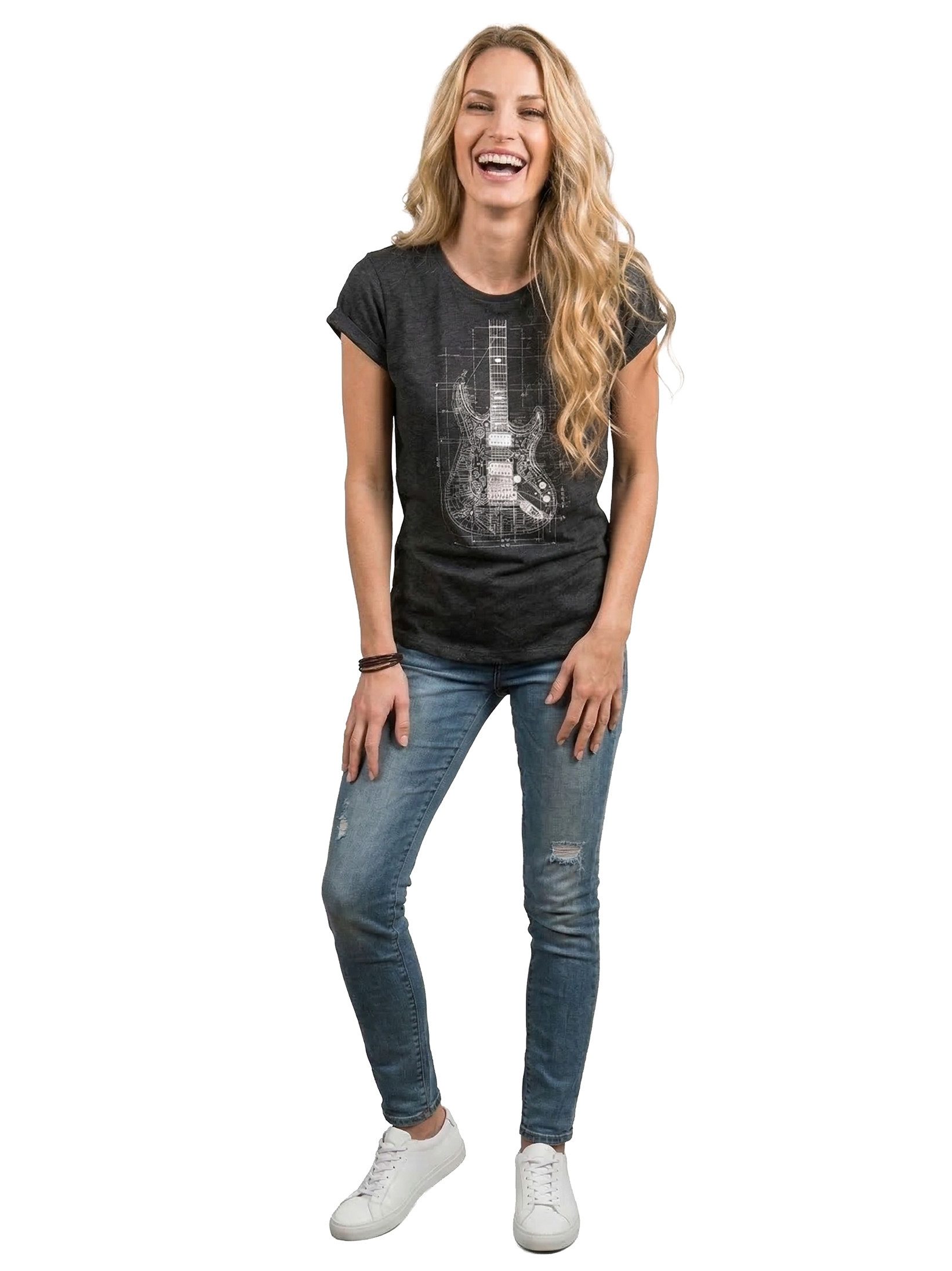 MAKAYA Print-Shirt Damen Gitarrenmotiv Gitarre Festival Outfit Rock Kurzarm Top (Schwarz, Blau, Grau, Grün, 34, 36, 38, 40, 42, 44, 46, 48, 50) große Größen