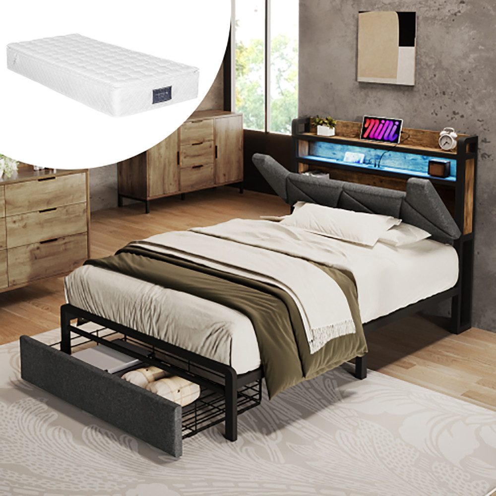 Polsterbett (90 x 200cm Stauraumbett mit Lattenrost, Schublade und LED-Beleuchtung), Ladefunktion Stauraum-Kopfteil, Einzelbett aus Stahlrahmen, Leinen