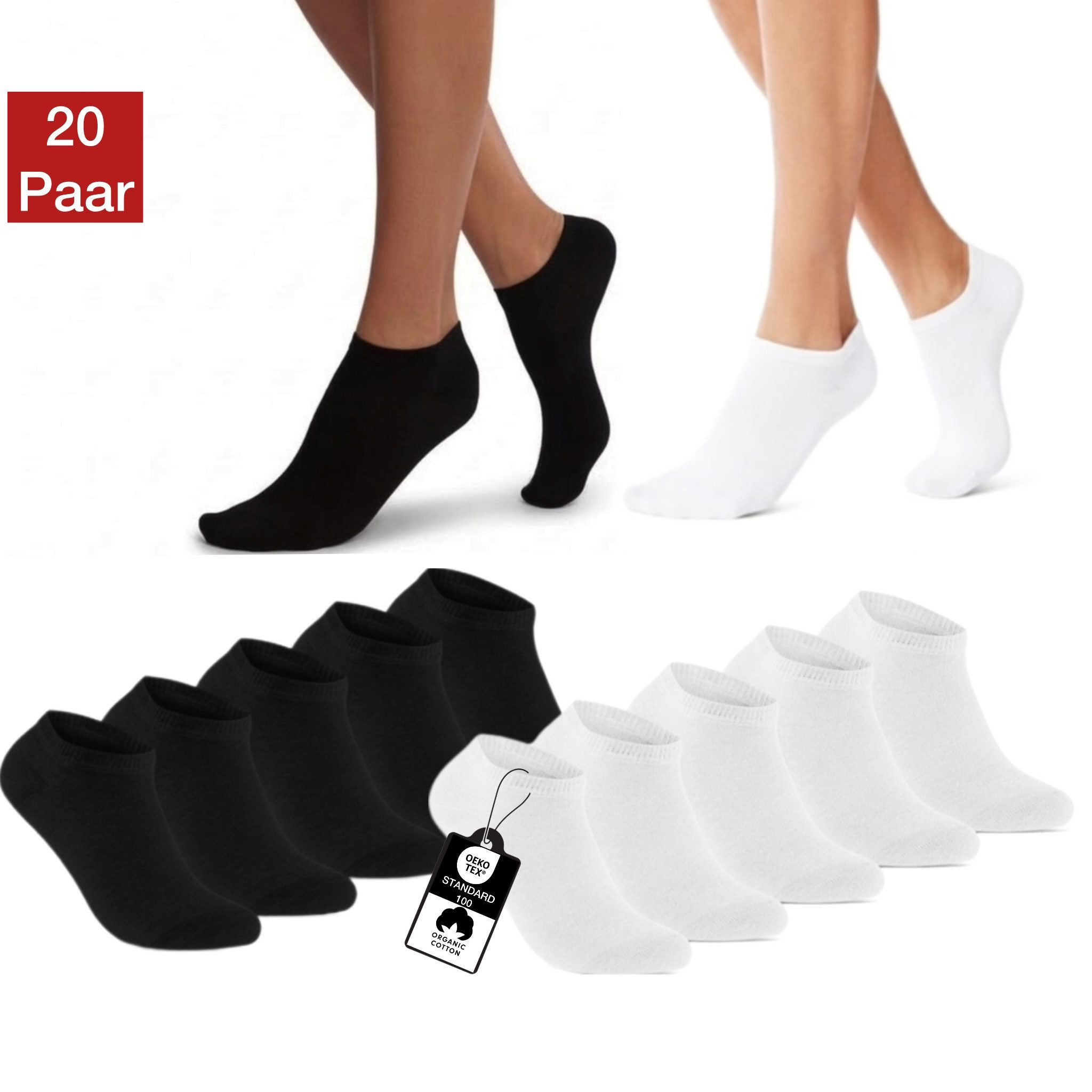 NERS Kurzsocken aus Baumwolle 10-20 Paar, Damen & Herren ohne Naht, mit Komfortbund (20-Paar, 10) Sneaker socken, Atmungsaktive, Ohne Gummidruck, Robust und Langlebig