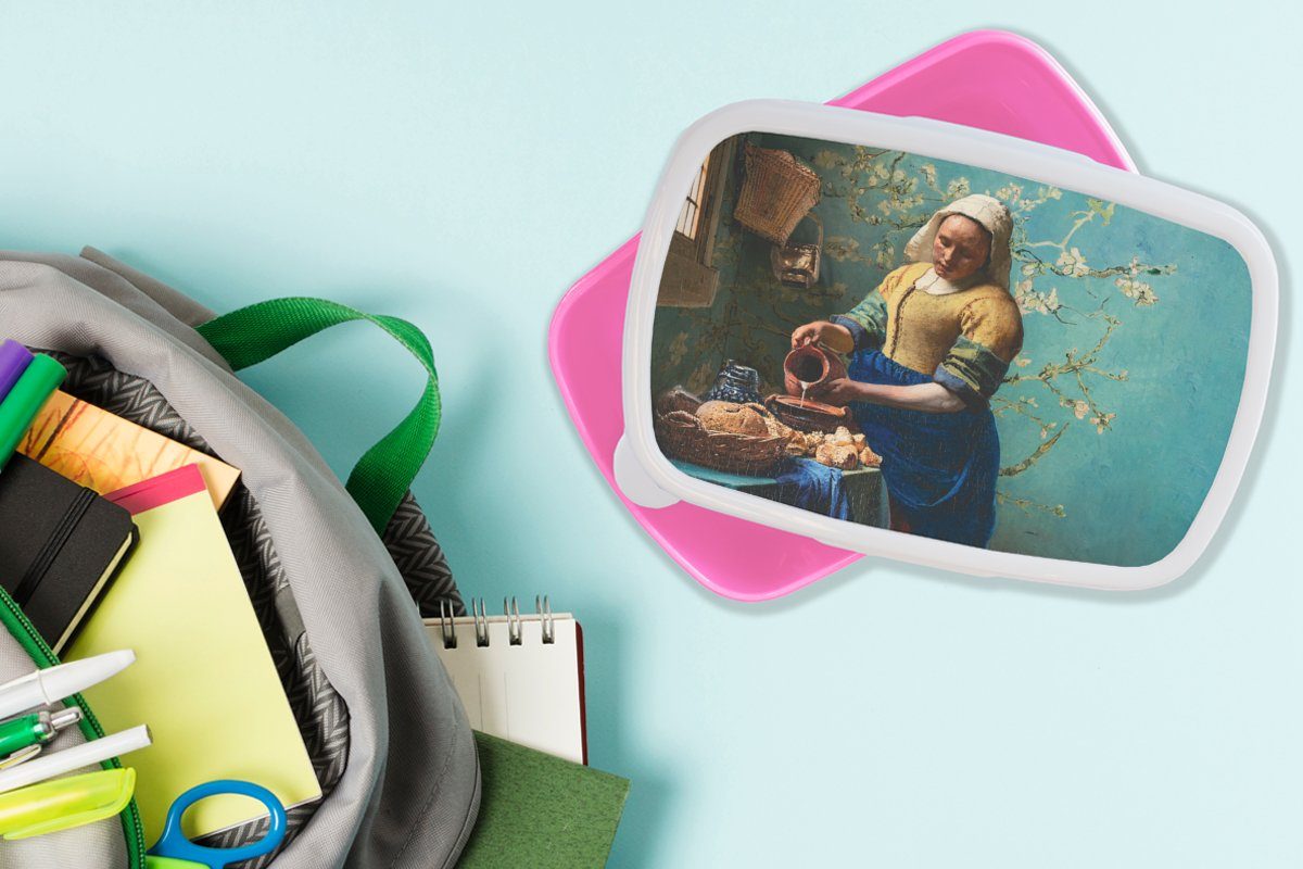 Kunststoff, Gogh Lunchbox - (2-tlg), - Alte, Brotbox Gemälde - rosa - Milchmädchen - Van Snackbox, MuchoWow Brotdose Vermeer Erwachsene, Mandelblüte Kunststoff Kinder, Mädchen, für