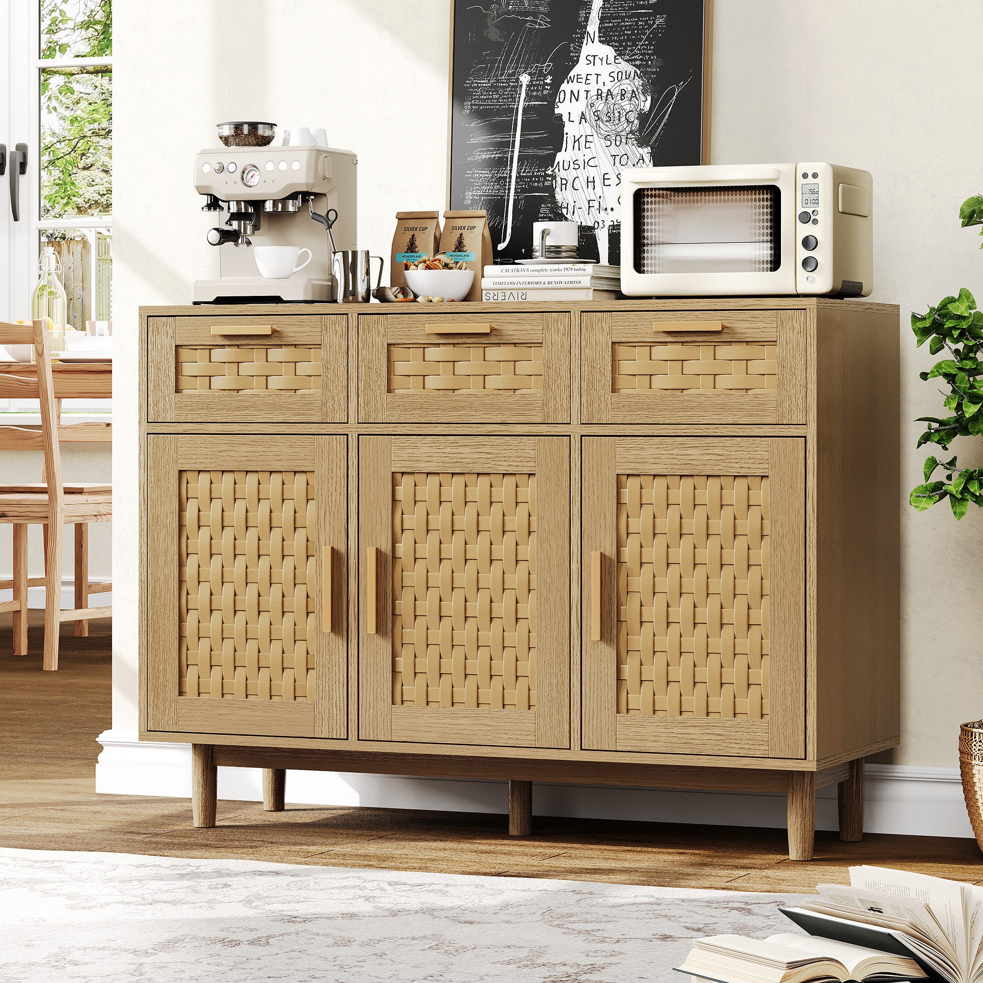Furnishings Home Sideboard Kommode Anrichte Stauraummöbel Breite 107cm (1 St., Rattan-Schranktüren, mit 3 Schubladen 3 Türen), Für ein …